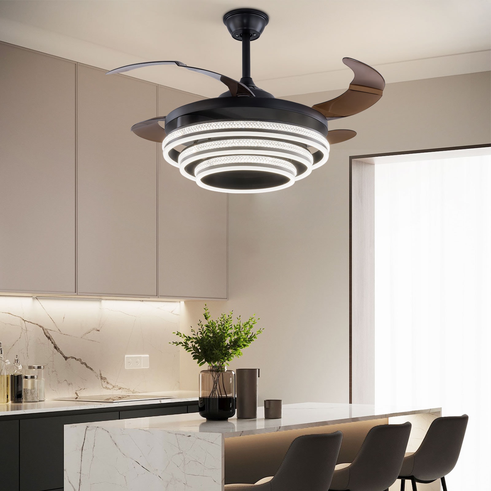 Oukaning JZUCOD3G99HCX 42-in Color-Changing Integrated LED 6-Speed DIY Black DC Reverse with ABS Blades Chandelier Ceiling Fan With Light - Remote Included ( 4 -Blade )