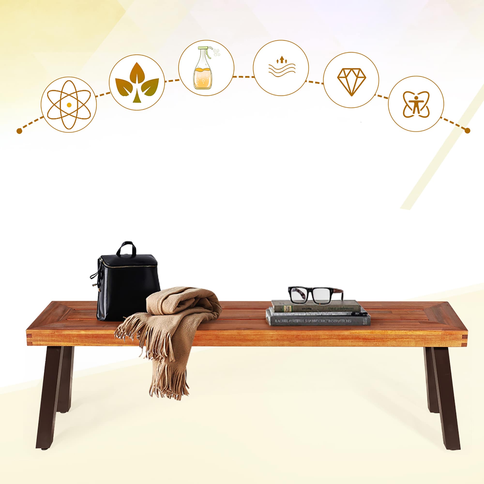 Rustic Dark Brown Acacia Wood Bench with Steel Legs