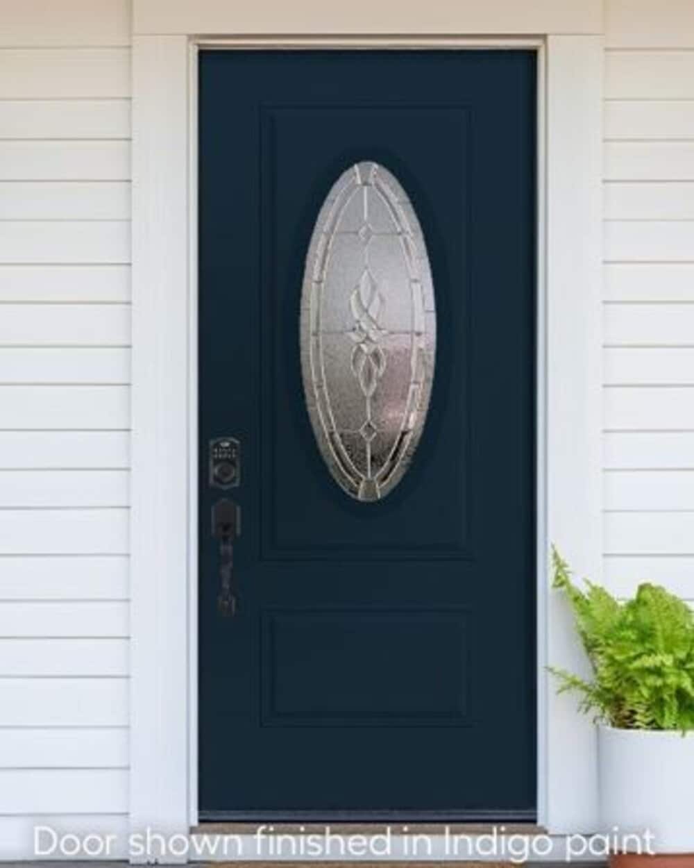 RELIABILT 10172517 Entry Door 36-in x 80-in x 4-9/16-in Steel Oval lite Right-hand inswing Indigo Painted Prehung Front Door with Brickmould Insulating core