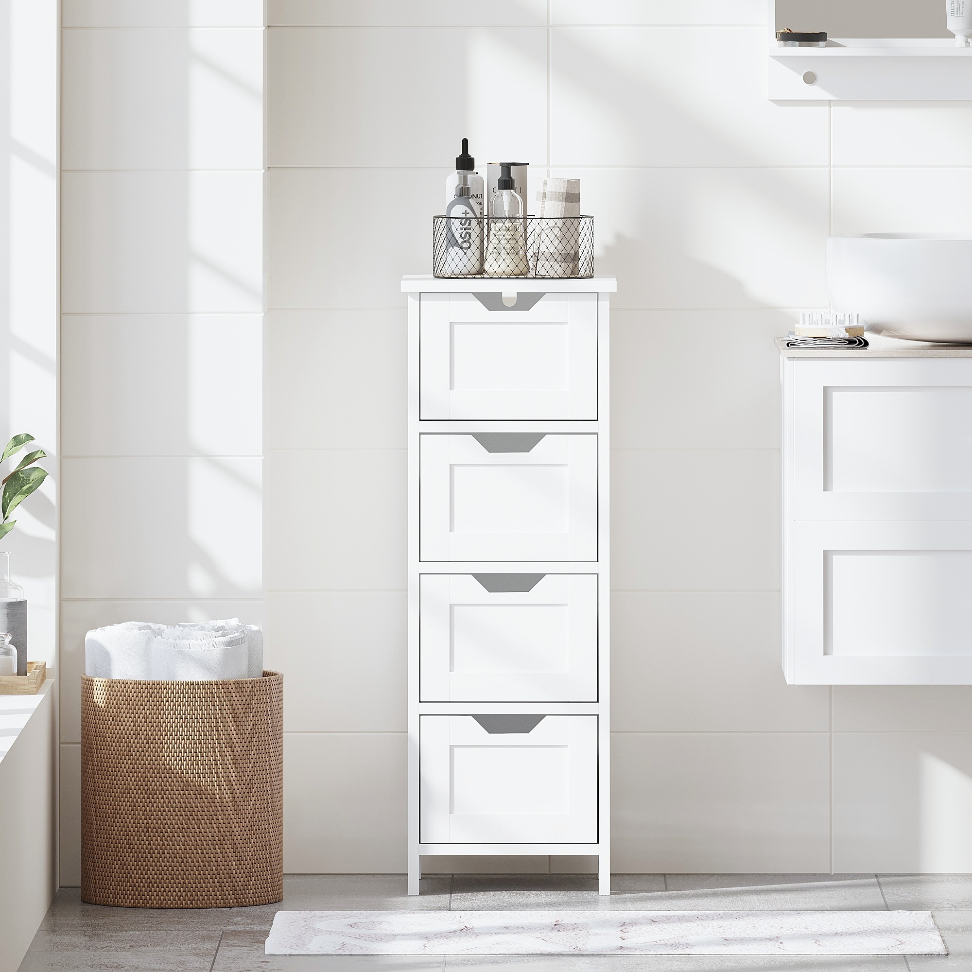 LIVACA 12 inch x 12 inch x 33 inch White MDF Bathroom Floor Cabinet with 4 Drawers and Space-Saving Vertical Design