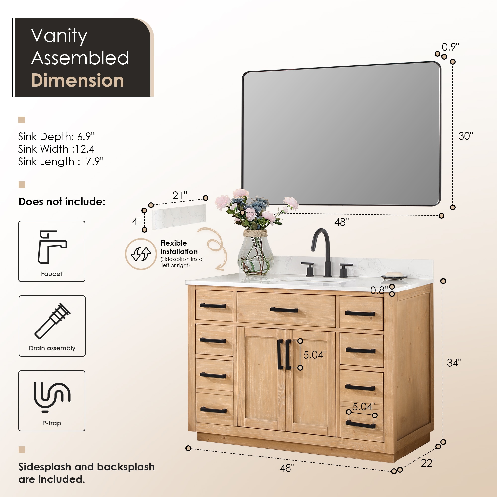 Gavino 48" Light Brown Wood Vanity with Mirror and Stone Top