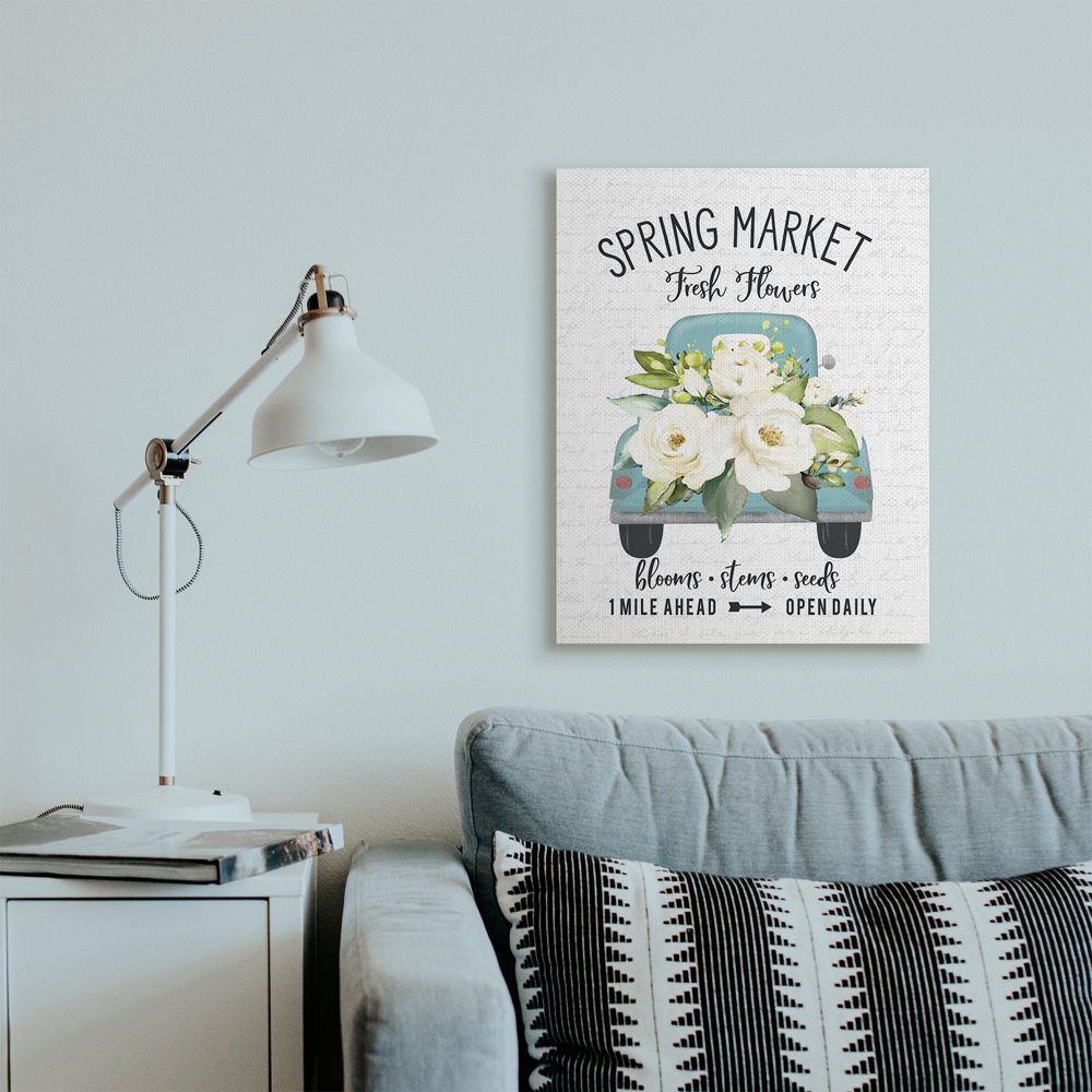 Spring Market Blue Truck with White Flowers Canvas Wall Art