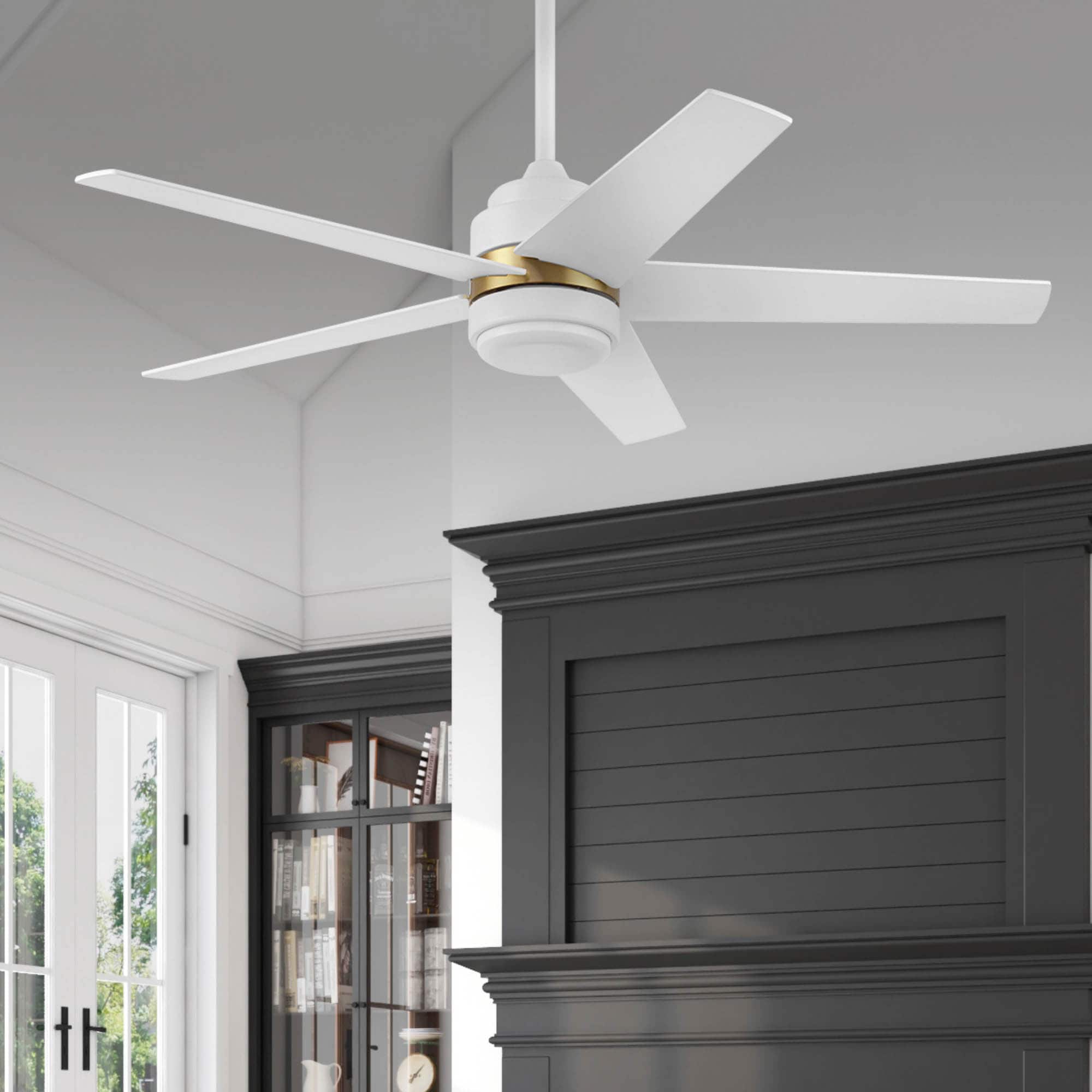 Harbor Breeze 43373 Carlow 52-in Color-Changing Outdoor White Brushed Gold with White/Driftwood Blades Ceiling Fan With Light - Remote Included ( 5 -Blade )