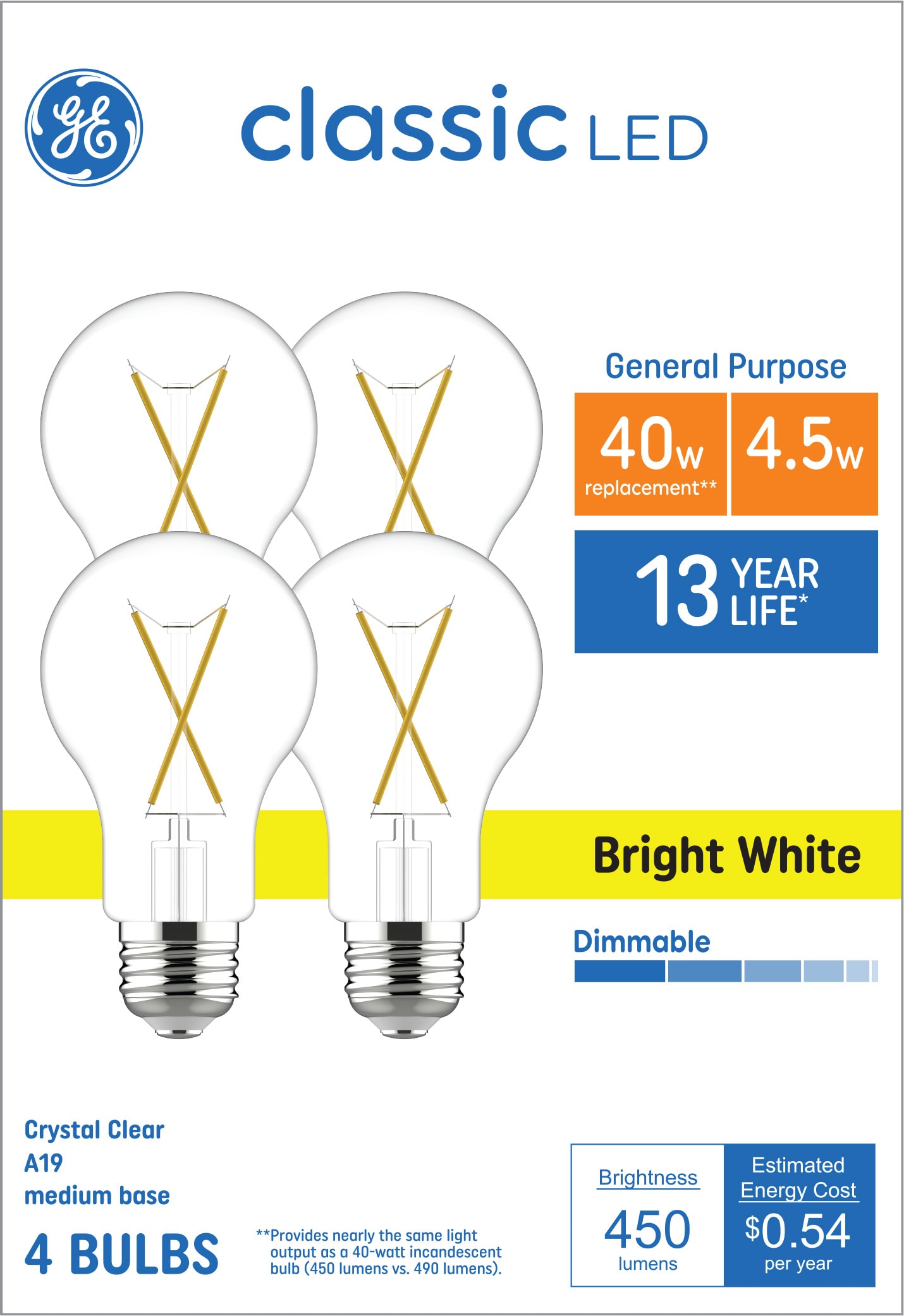 GE 40-Watt EQ A19 Bright White Medium Base (e-26) Dimmable LED General ...