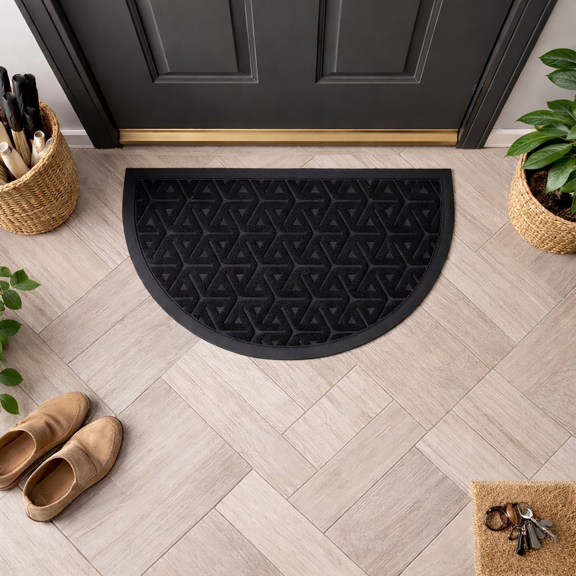 EVIDECO FRENCH HOME GOODS 18 x 30-in Outdoor Wilson Half Round Front Door Mat Polyester Rubber Rug Black