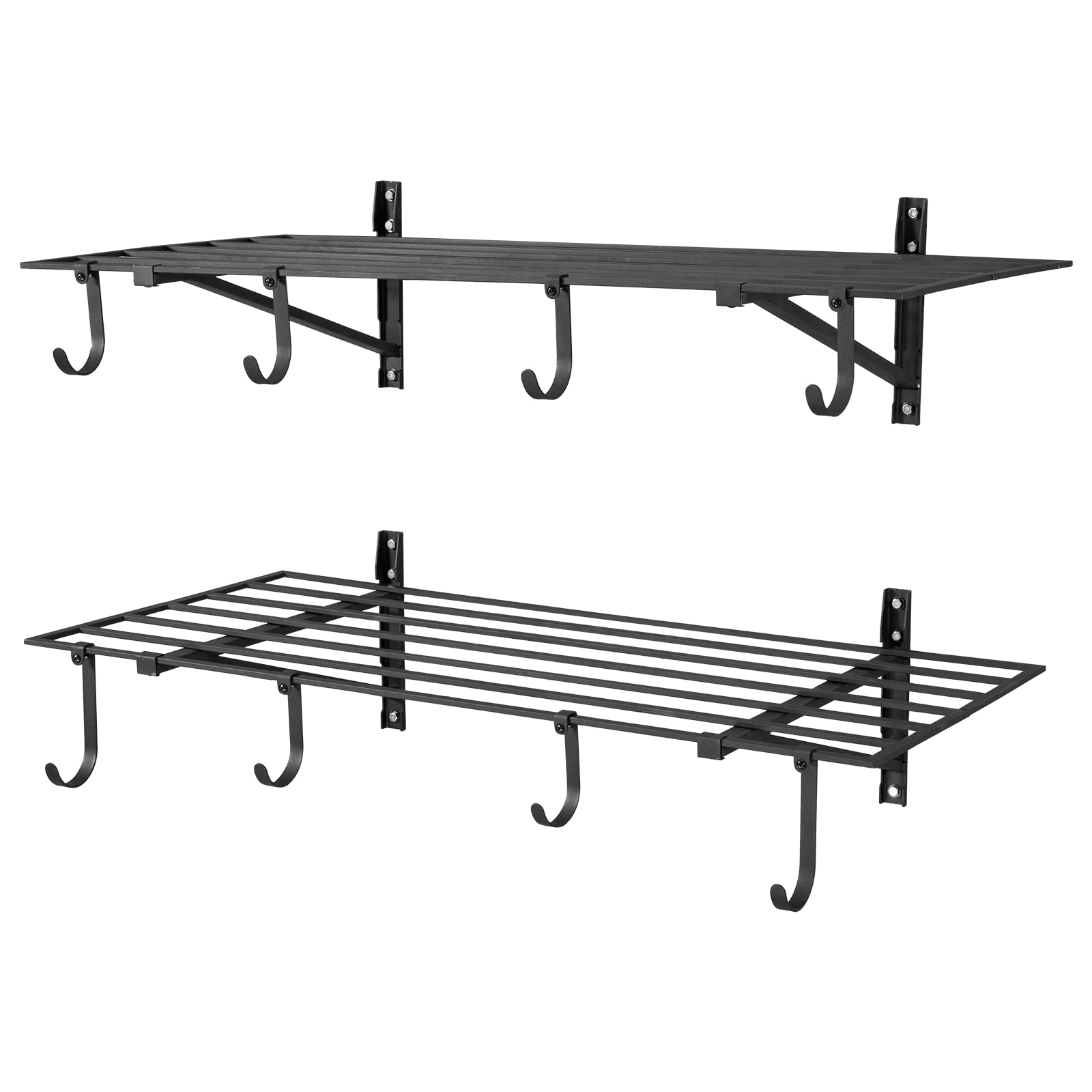 GIVIMO 2-Tier Heavy Duty Wall Garage Shelving - 2 x 4-ft Steel Wall Mounted Shelving Unit with Hooks - 24 x 48-in Per Shelf Floating Storage Metal Rack for Garage - 520-lb Total Weight Capacity - Black