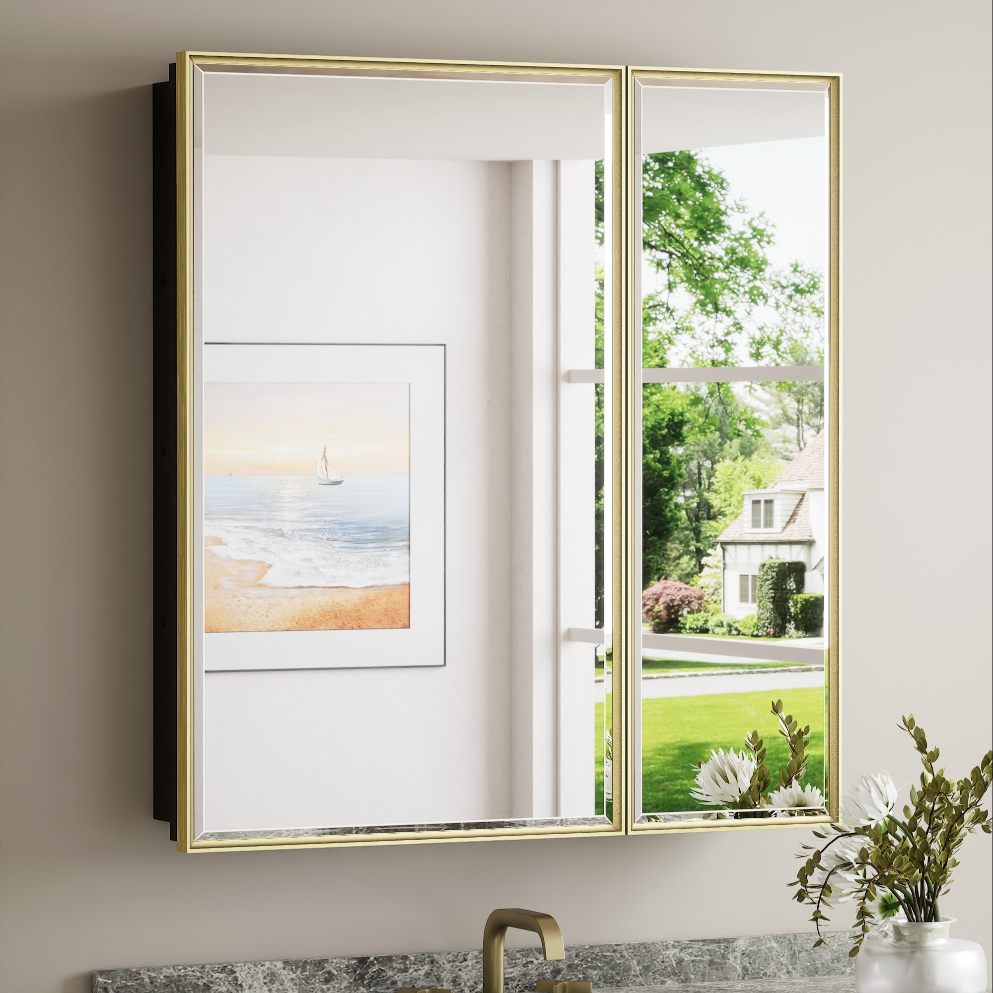 Keonjinn LW-JSKJG-FJ-S7681GD 30-in x 32-in Surface/Recessed Mount Brushed Gold Mirrored Rectangle Soft Close Medicine Cabinet