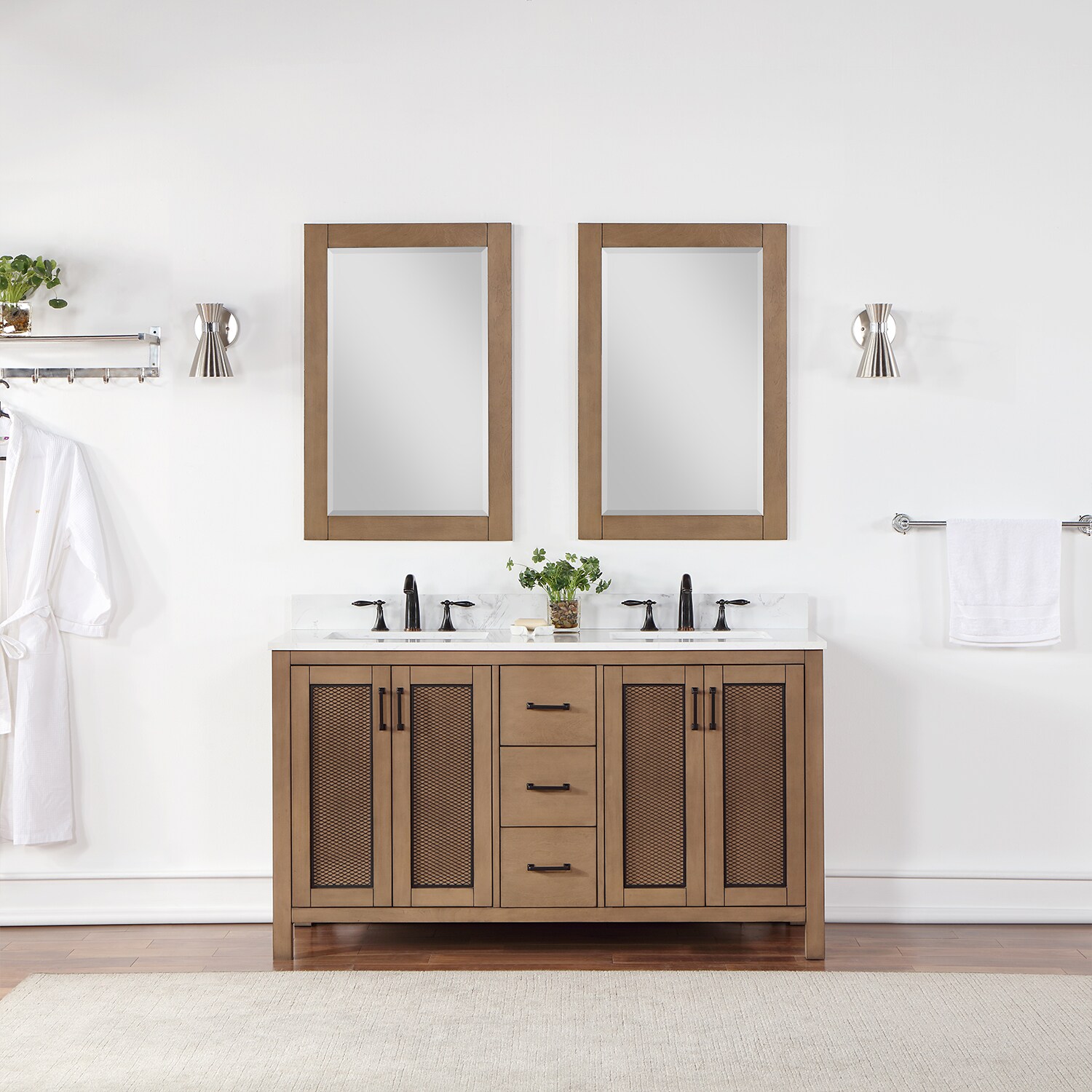 Altair 542060-BR-AW Hadiya 60-in Brown Pine Undermount Double sink Bathroom Vanity with Aosta White Engineered marble Top (Mirror Included)