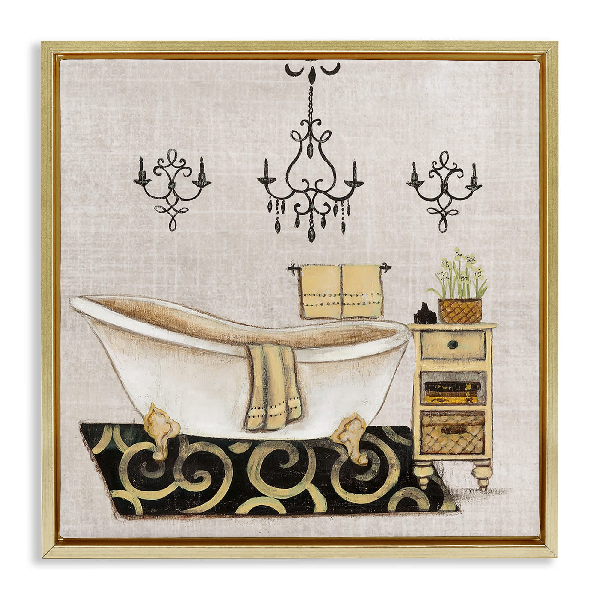 Stupell Industries BS-140-FFG-17X17 Vintage Luxurious Bathroom Tub Gold Framed Floater Canvas Wall Art By Janet Tava 18 x 18