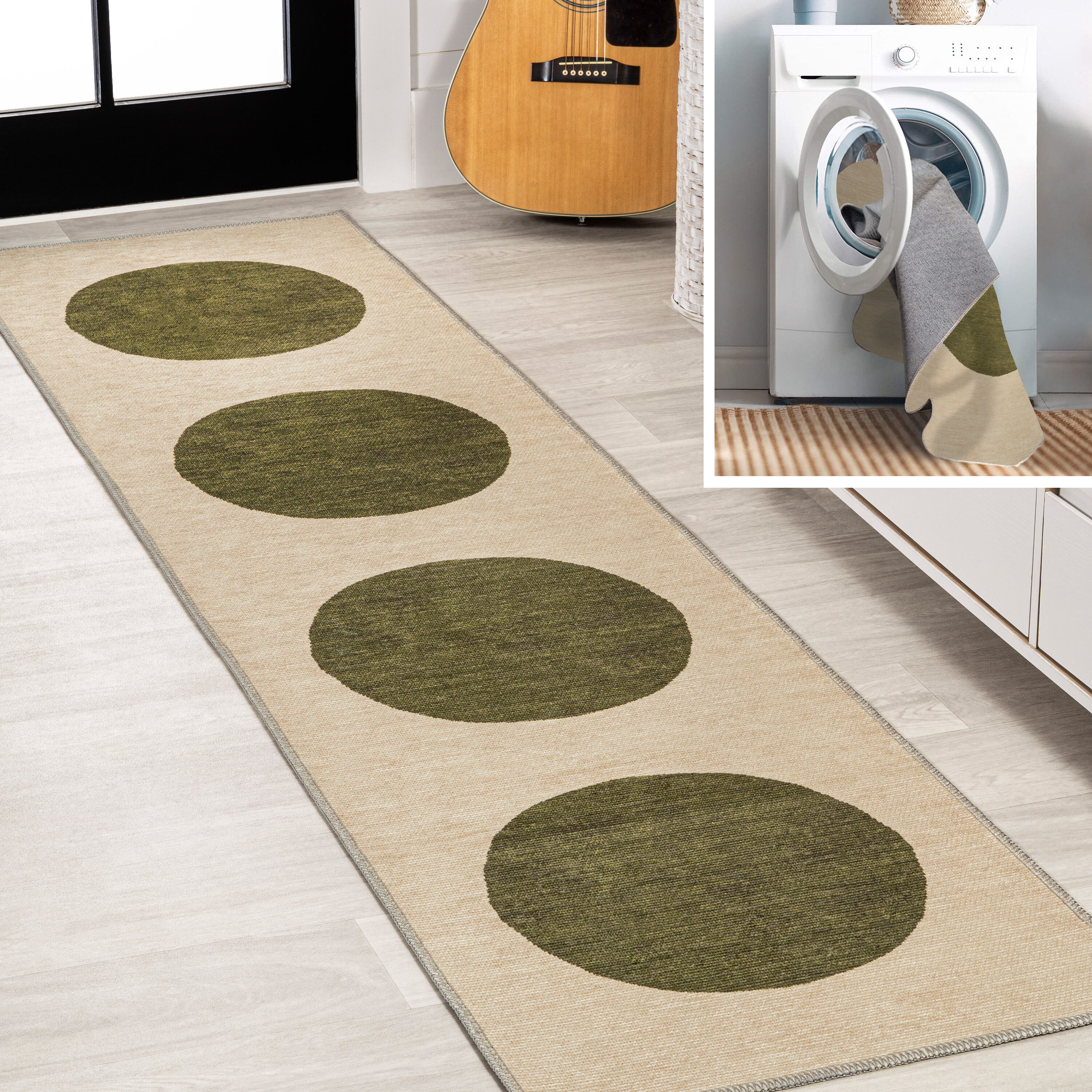 JONATHAN  Y WSH113C-28 WASHABLE Cirkel Minimalist Geometric Dot 2 x 8 (ft) Loomed Polypropylene Cream/Olive Rectangular Indoor Medallion Bohemian/Eclectic Machine washable Runner rug
