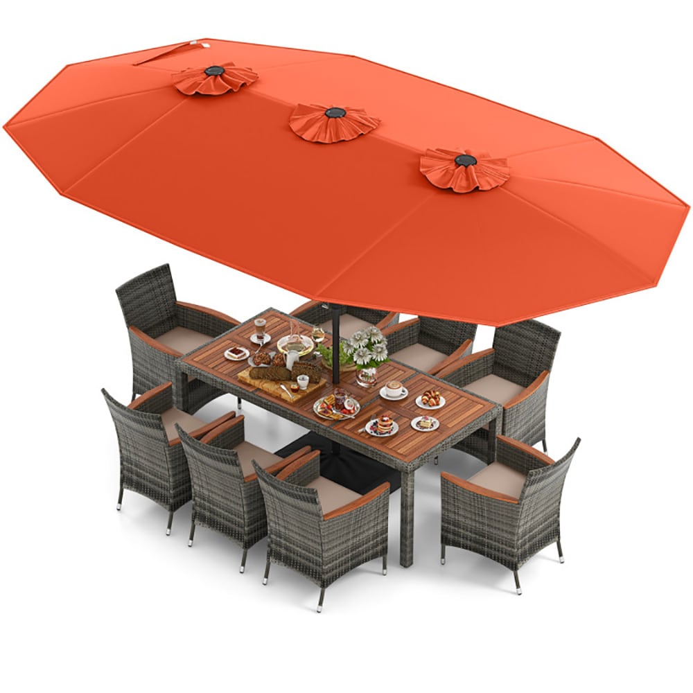 CASAINC CA-72AWE5 10 -Piece Gray Rattan Patio Dining Set Wood Rectangle Table with 8 Brown Cushions Stationary Chairs and Umbrella Included