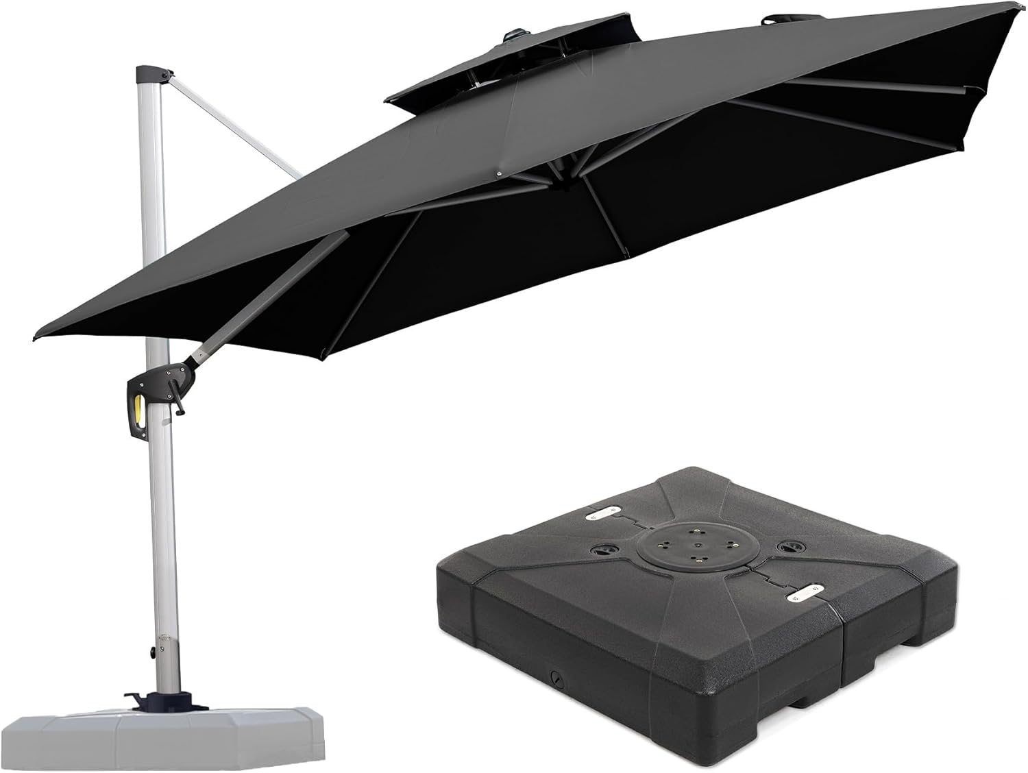 PURPLE LEAF LSLRS10-BKWB 10-ft Aluminum Black Crank Cantilever Patio Umbrella with Base