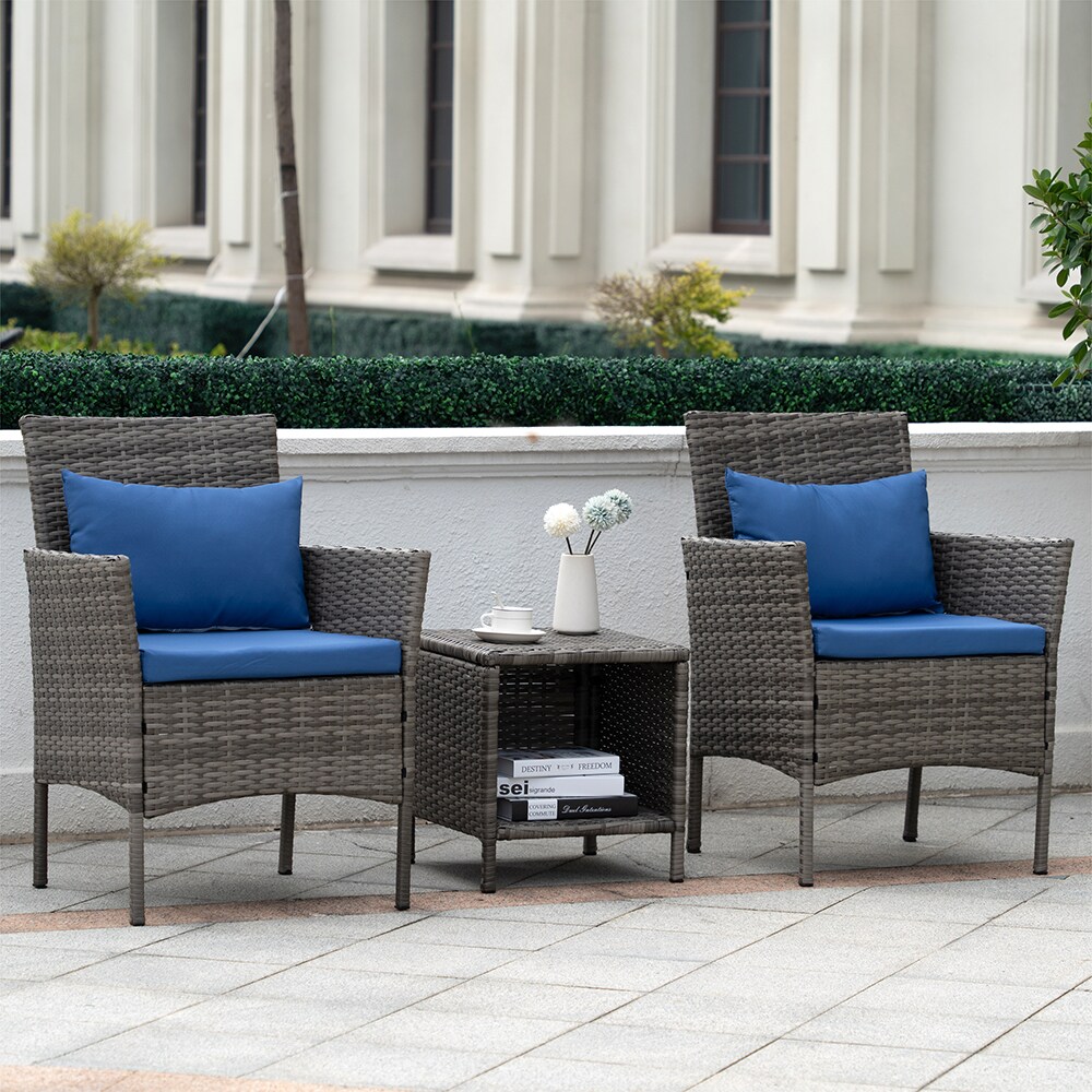 Grearden Bistro Set 3-piece Wicker Patio Conversation Set With Blue 