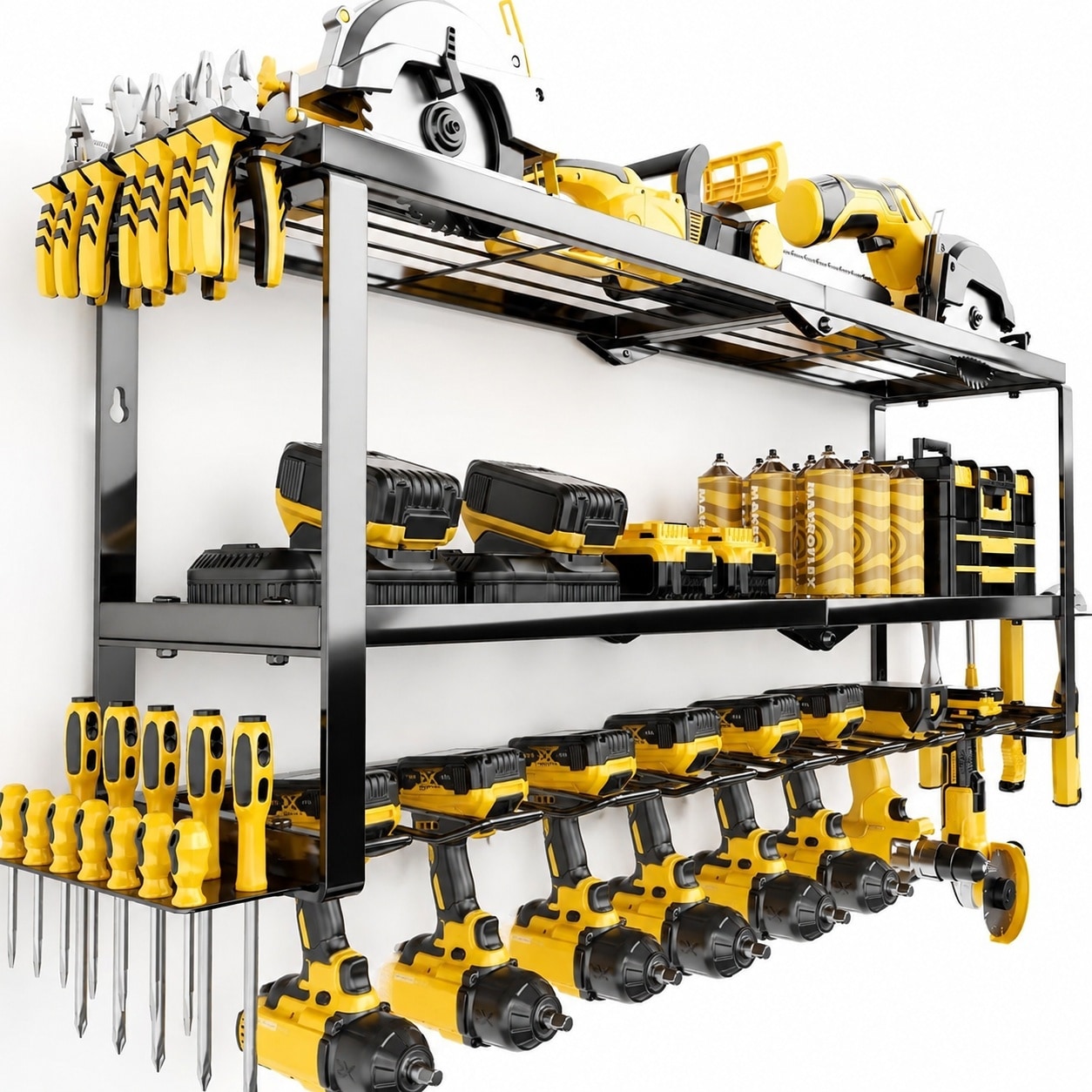 Adrinfly  Power Tool Organizer Wall Mount Heavy Duty Metal 3 Tier Extra Tall Storage Rack with 8 Drill Holders and power cell Storage for Garage