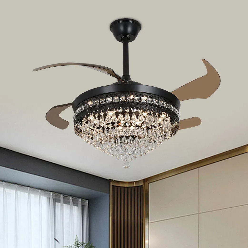 Oukaning JZUCODG8NSHCX 42-in Color-Changing Integrated LED Black Integrated with ABS Blades Chandelier Ceiling Fan With Light - Remote Included ( 4 -Blade )
