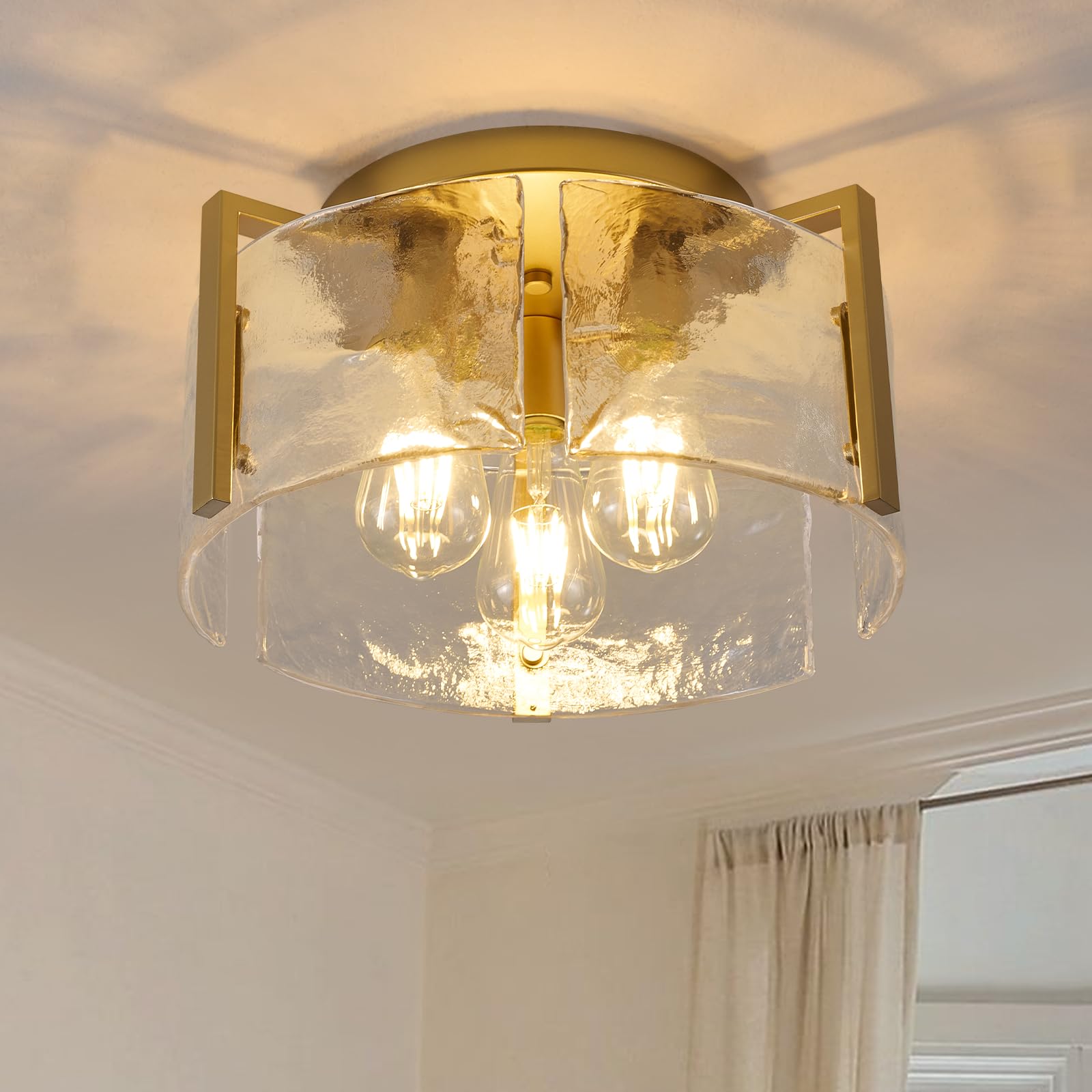 IUEST  Modern Semi Flush Mount Ceiling Light Fixture Gold 3 Light Seeded Glass Shade for Bedroom Bathroom Kitchen Dining Room Entryway