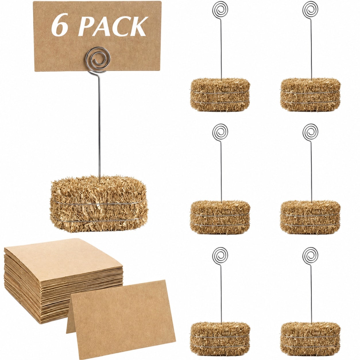 Etokfoks  6 Pack Rustic Hay Bale Place Card Holder Set with Swirl Wire Clips for Western Party Easter Wedding Table Decor