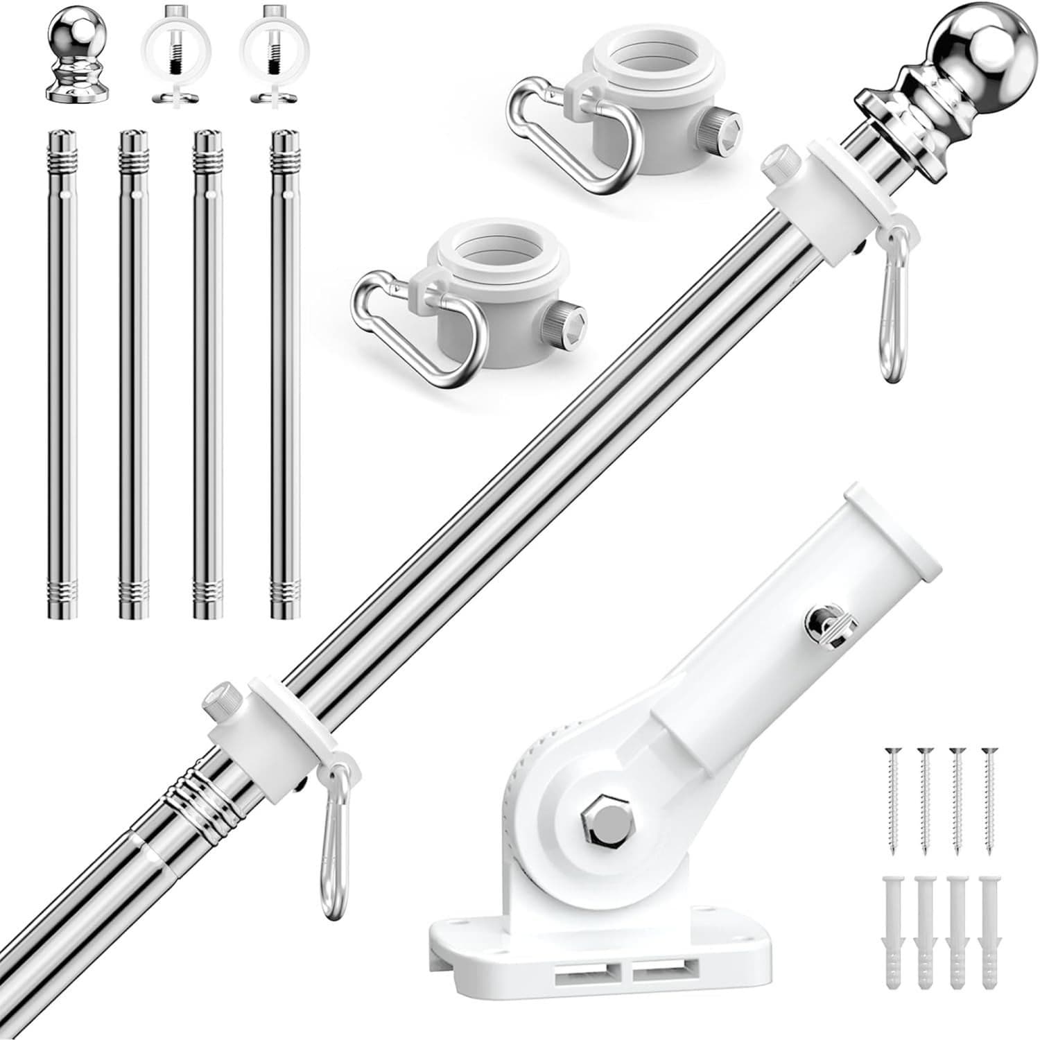 Angel Sar - 5ft Sliver Flag Pole Kit with 180 Degree Multi-Position Bracket Holder for Outside House