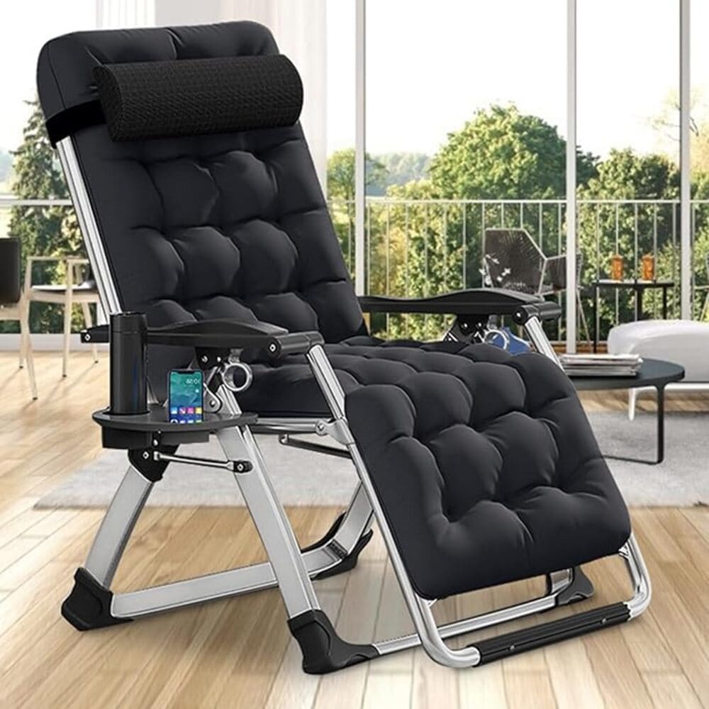 Esazn K16ZDY-11LYU Outdoor Lounge Chair Stackable Black Steel Frame Stationary Zero Gravity Chair with Black Cushioned Seat