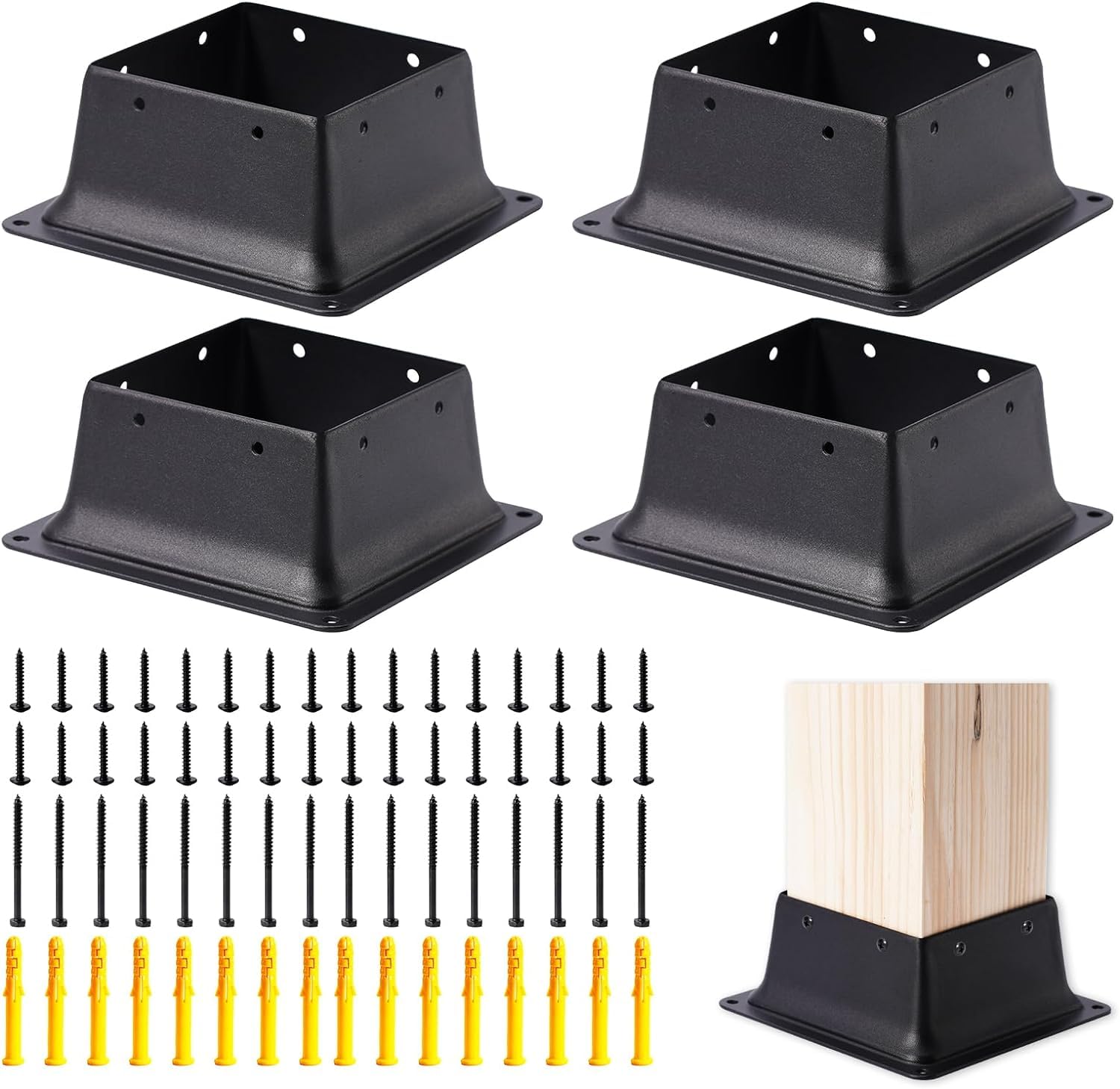 KHKFY  4 x 4 Post Base Kit 4 pcs Heavy Duty Metal Black Powder Coated Deck Post Anchor Supports for Wood Porch Handrail Railing Fence Includes