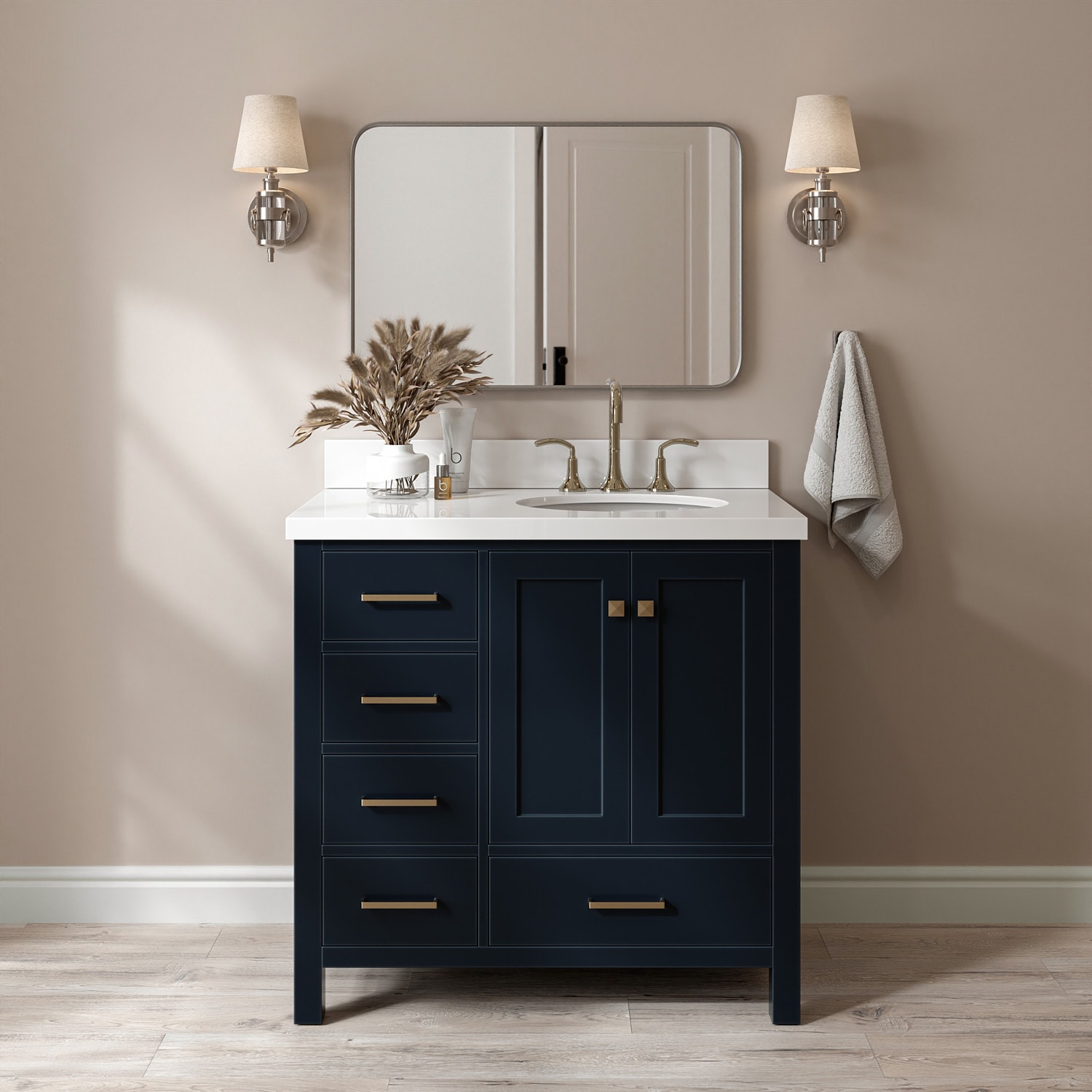 ARIEL A037SRWQOVOMNB Cambridge 37-in Midnight Blue Undermount Single Sink Bathroom Vanity with Pure White Quartz Quartz Top
