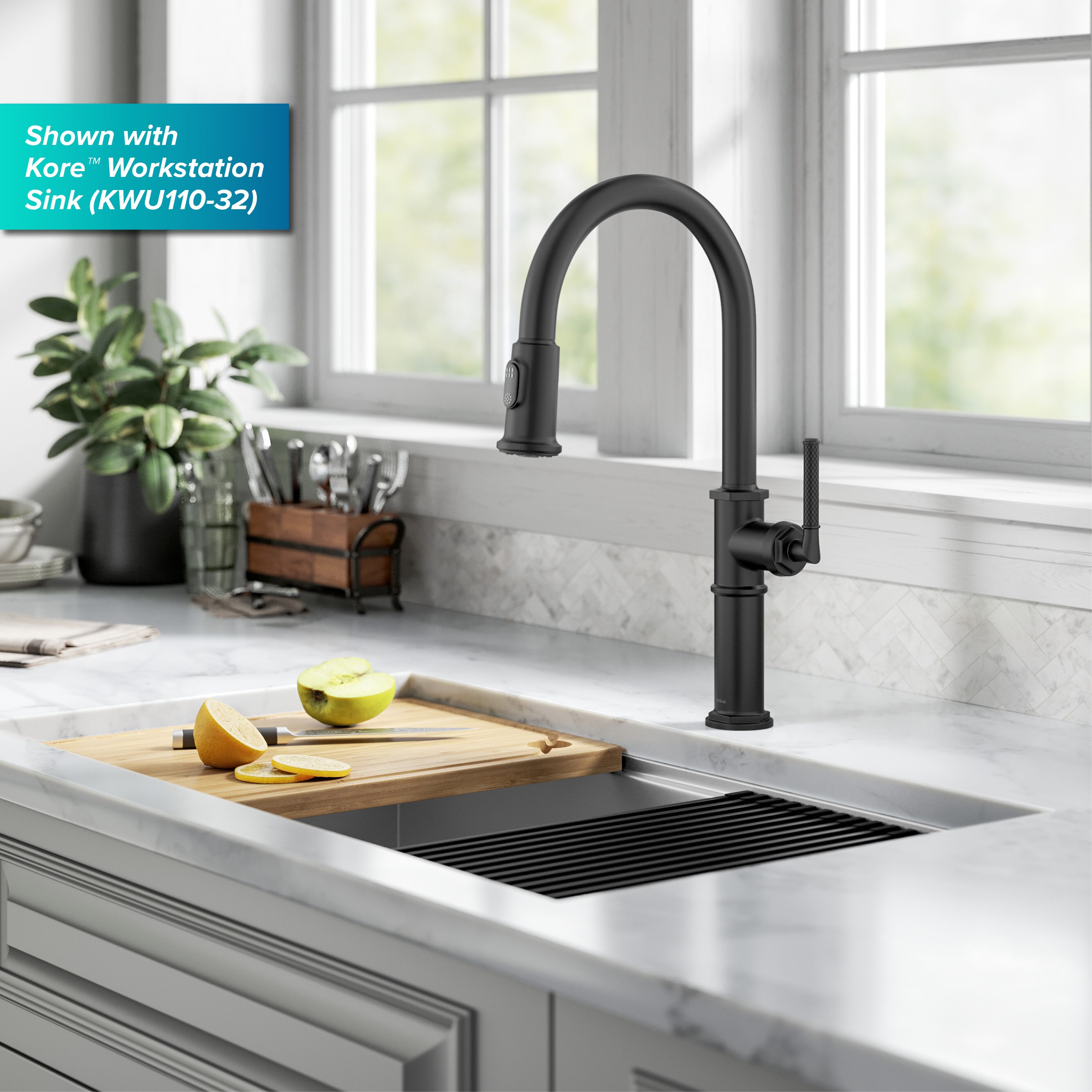 Kraus Allyn Matte Black Single Handle Kitchen Faucet with Sprayer KPF ...