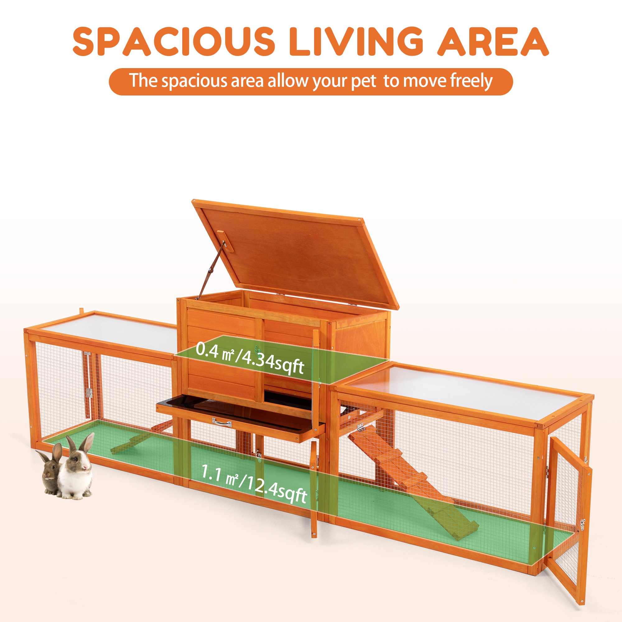 Large Orange Wood Rabbit Hutch with Ramps and Mesh Runs