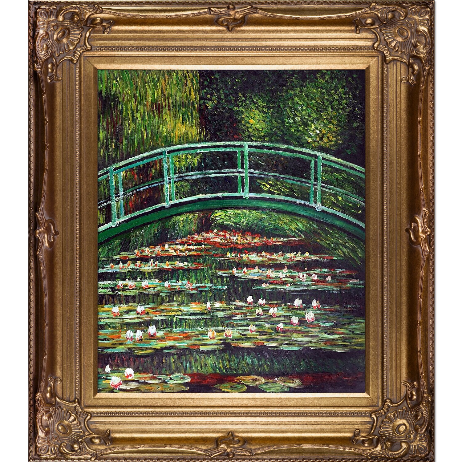 La Pastiche 688576398532 White Water Lilies and The Japanese Bridge, 1899 Claude Monet Bronze Wood Framed 30-Inches H x 34-Inches W Floral Canvas Hand-Painted Painting