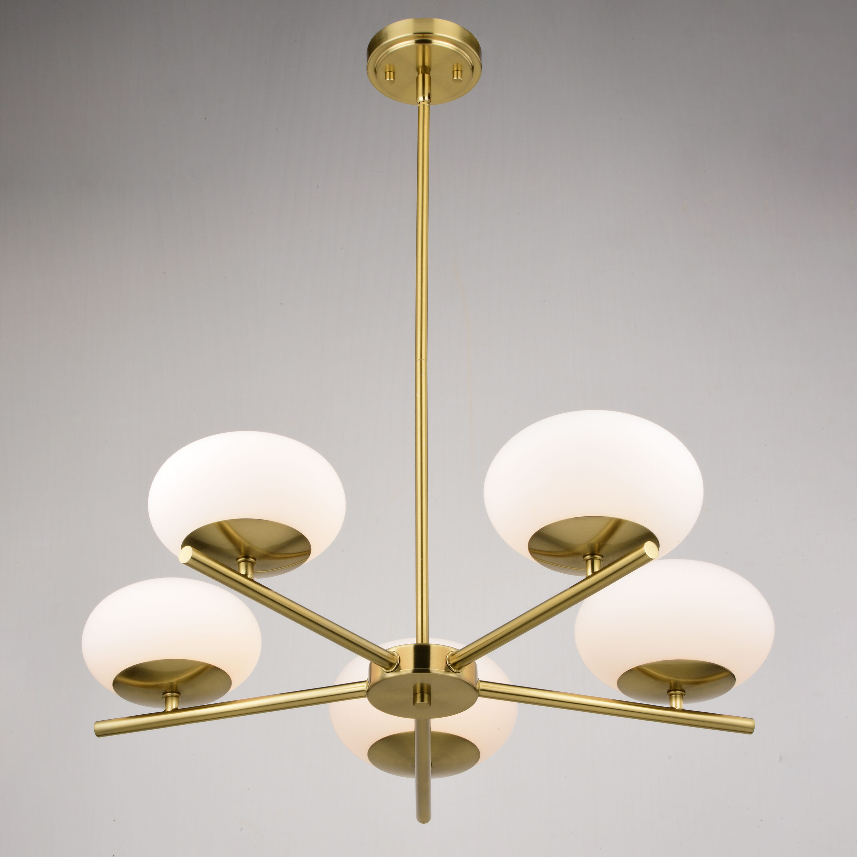 Sloane Satin Brass Mid-Century Modern Chandelier with White Glass Globes