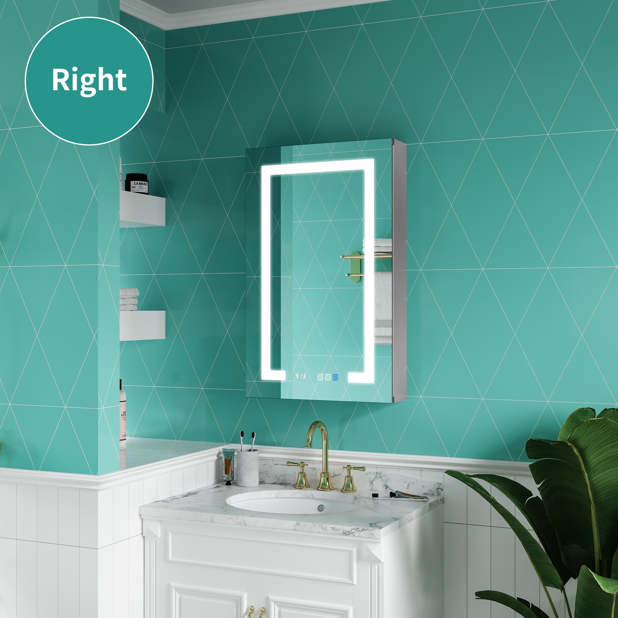 ExBrite LWSDHMC2032V4R Ethos 20-in x 32-in Lighted LED Fog Free Surface/Recessed Mount Silvery Gray Mirrored Rectangle Soft Close Medicine Cabinet with Outlet