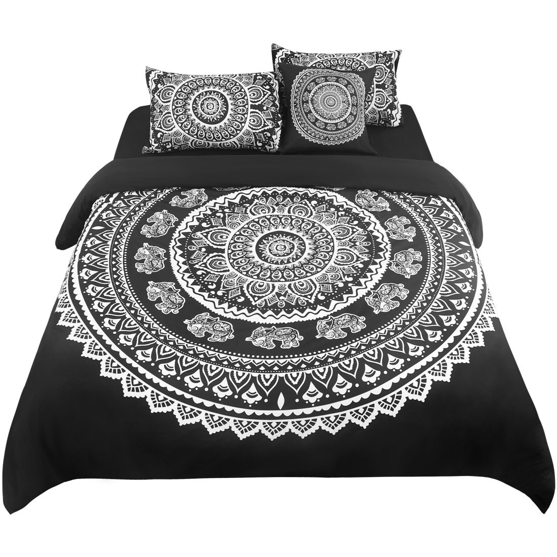 Unique Bargains 5pcs Duvet Cover Set Bohemian Bedding Set Microfiber Polyester Comforter Cover with Zipper Closure and Corner Ties Including Fitted Sheet and Throw Pillowcase Black Queen