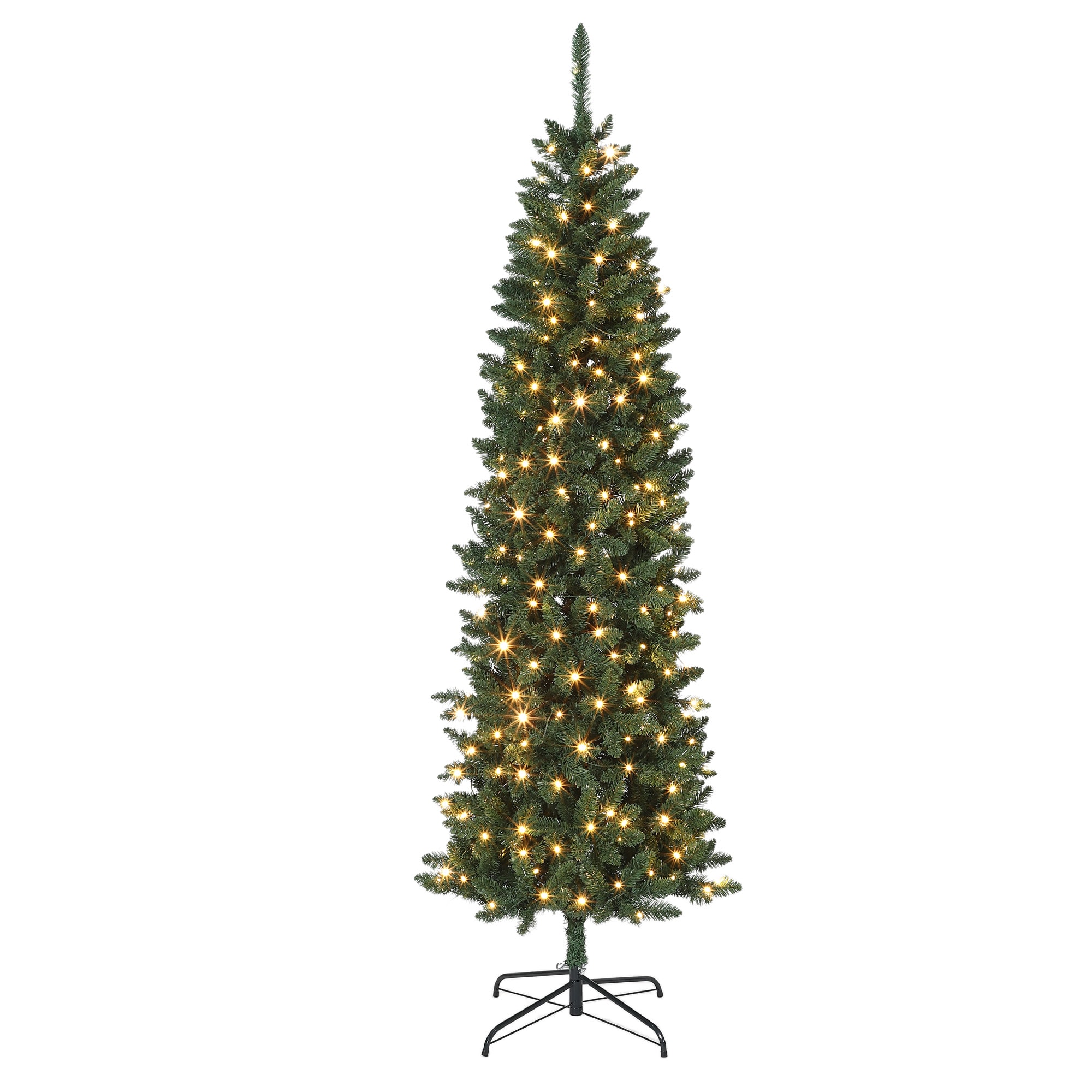 GarveeLife Prelit Artificial PVC Pencil Christmas Tree Christmas Tree with 250 Warm White LEDs Slim Two-Tone Design Hinged Slim Artificial Xmas Tree for Holiday Party