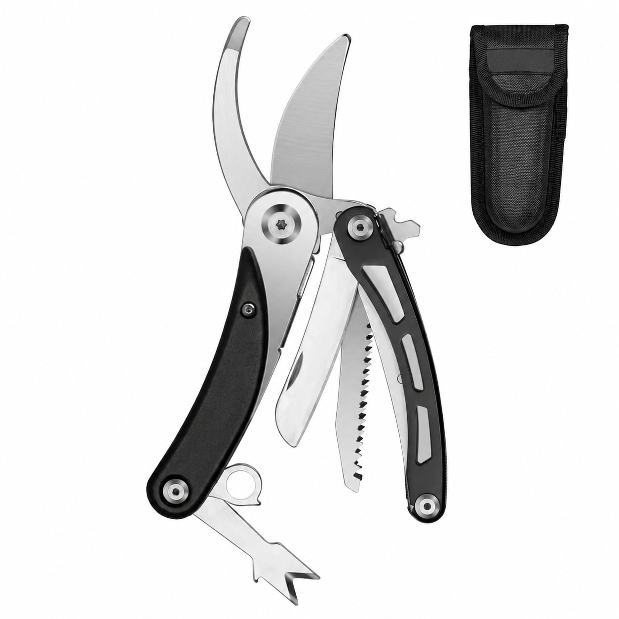 Ahfiwaso Gardening Hand Pruners Multitool Folding Scissors Stainless Steel Pruning Shears with Knife Saw Hook Bark Shovel for Bonsai Tree Trimmers Garden