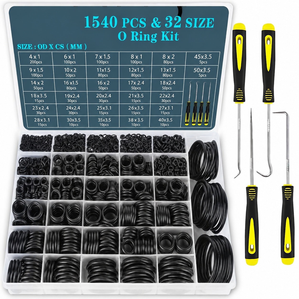 UUDULY  O Rings Assortment Kit 1540 Pieces 32 Sizes with Pick and Hook Set for Faucet Plumbing Pressure Washer Automotive Repair Air Gas Sealing