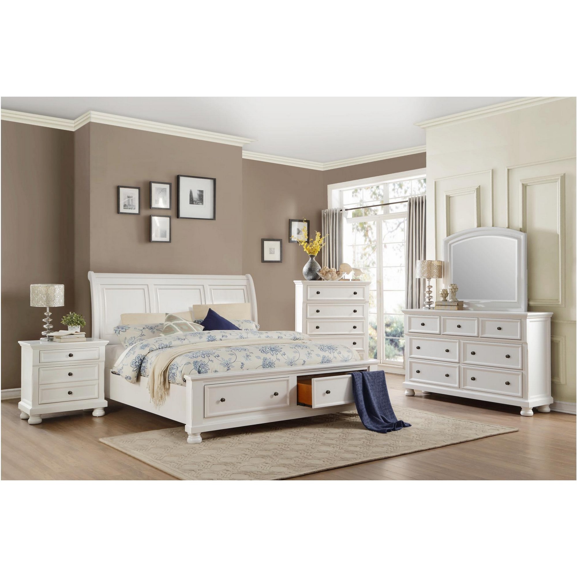 White Wooden Nightstand with Hidden Drawer and Bun Legs