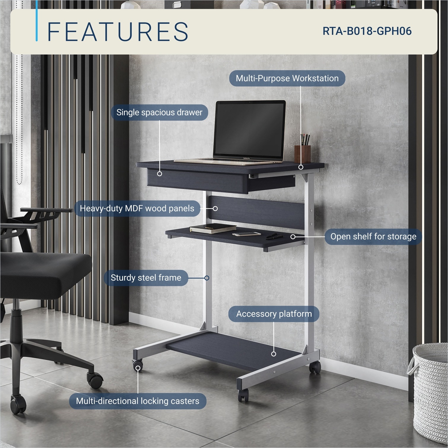 Watnature Rolling Laptop Desk Sleek Black Wood Steel Mobile