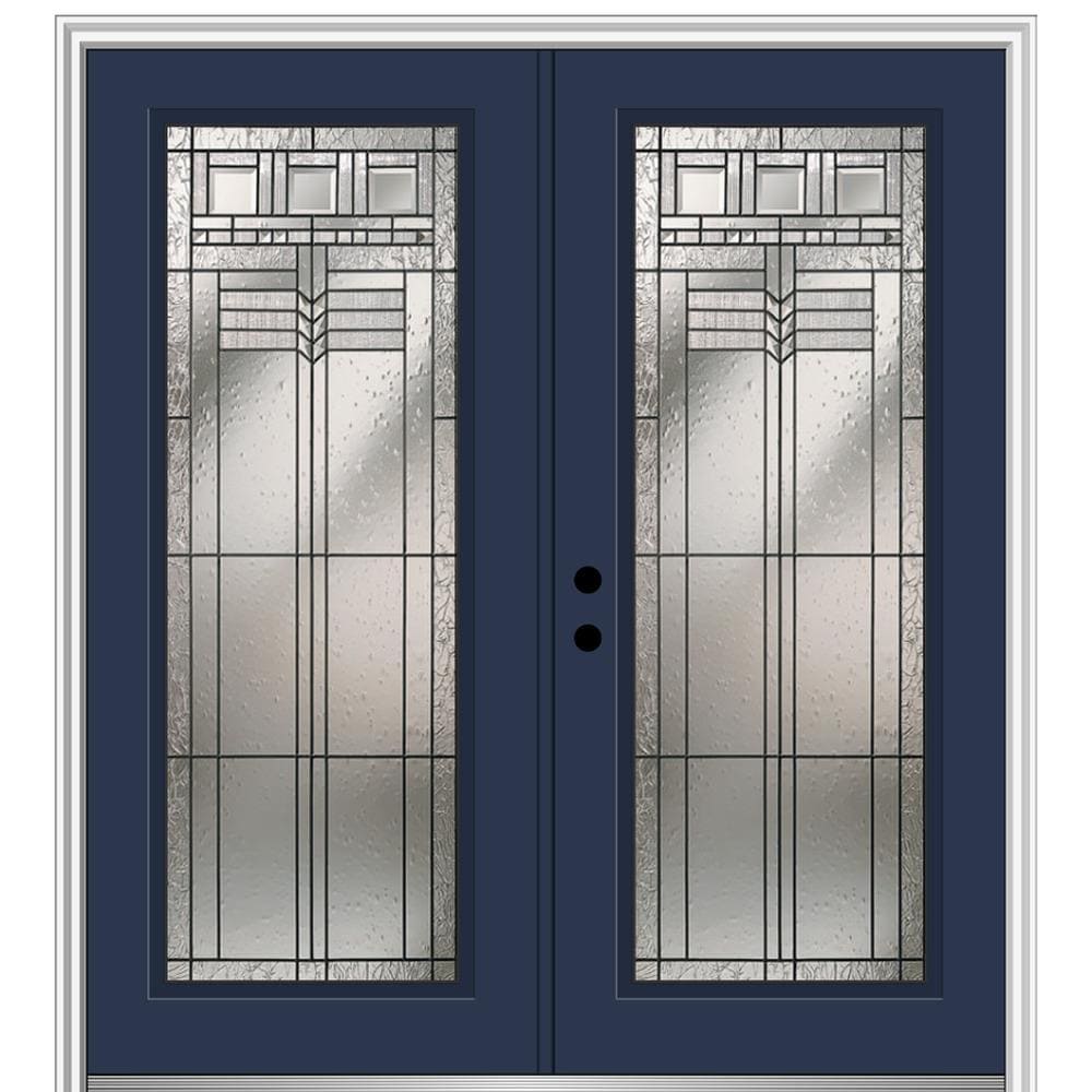 MMI DOOR ZZ3665212R 72-in x 80-in x 6-9/16-in Fiberglass Full lite Right-hand inswing Naval Painted Prehung Double Front Door with Brickmould Insulating core