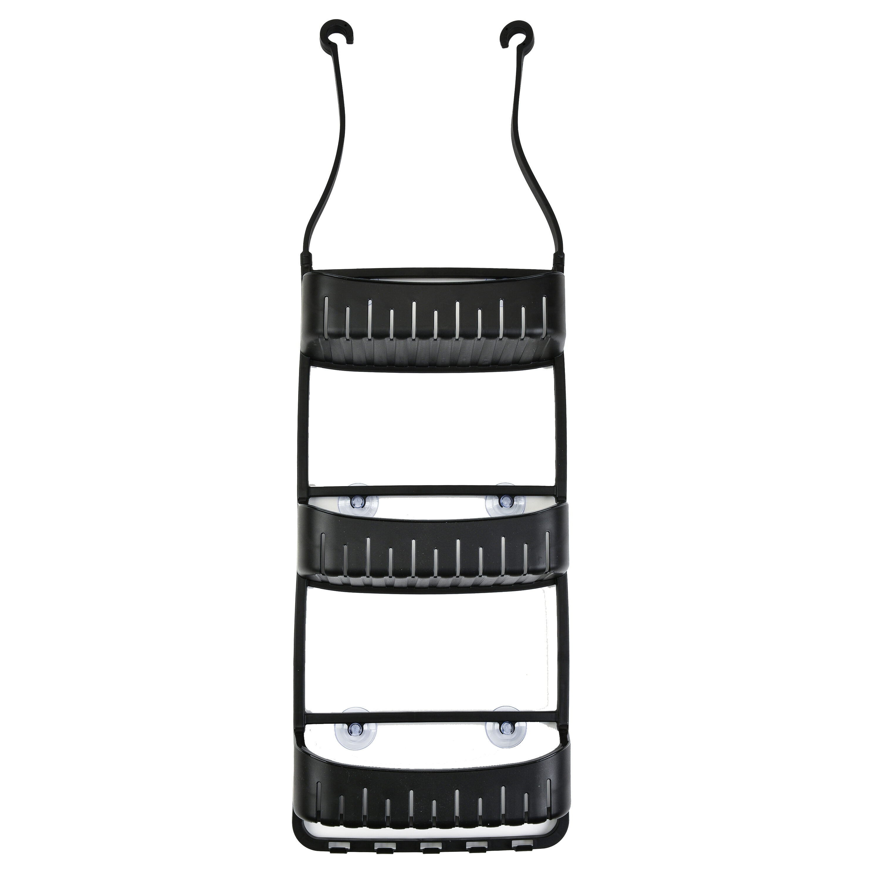 Cameo C7468 3-Tier Hanging Bathroom Shower Caddy Adjustable Mounting Arms Loofah and Razor Hooks Suction Cups Polypropylene Rust-Resistant