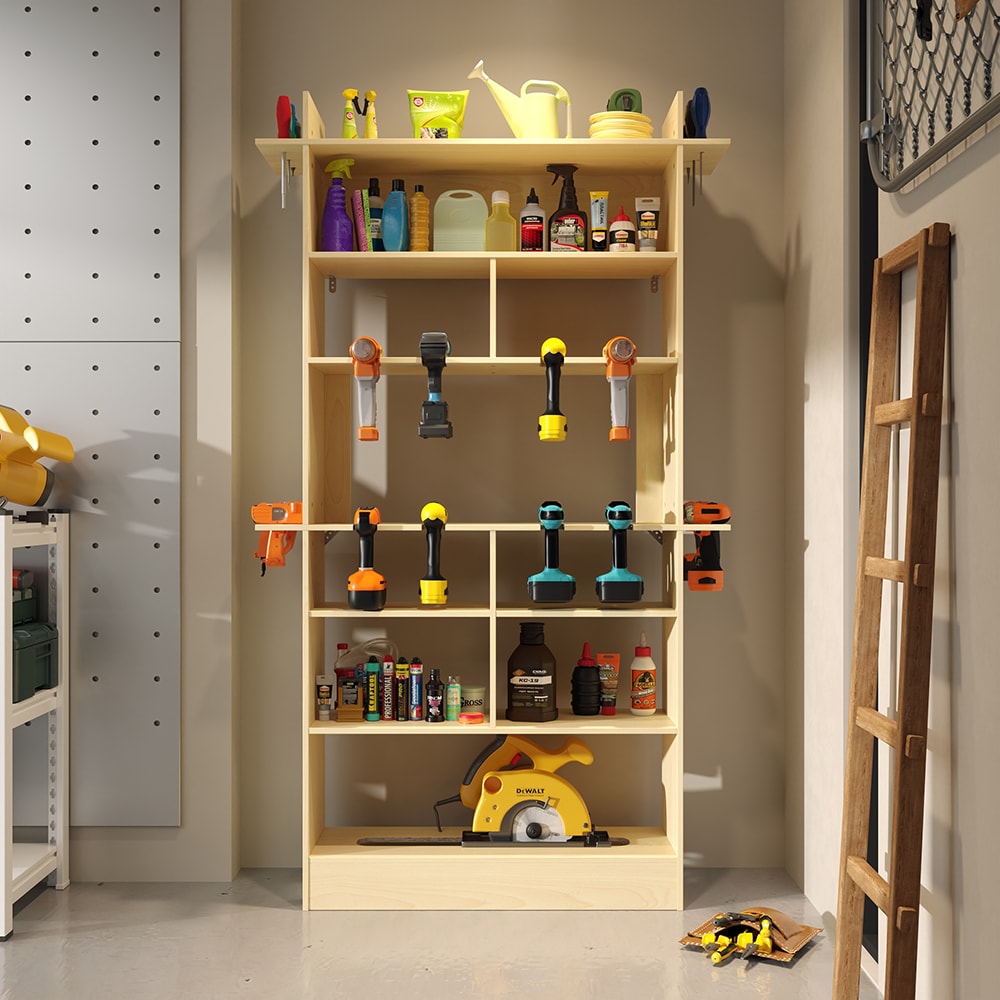 Homsee V-KF520028-01 Multi-Level Wooden Tool Storage Cabinet with Dedicated Circular Saw Space Hand And Power Tool Slots