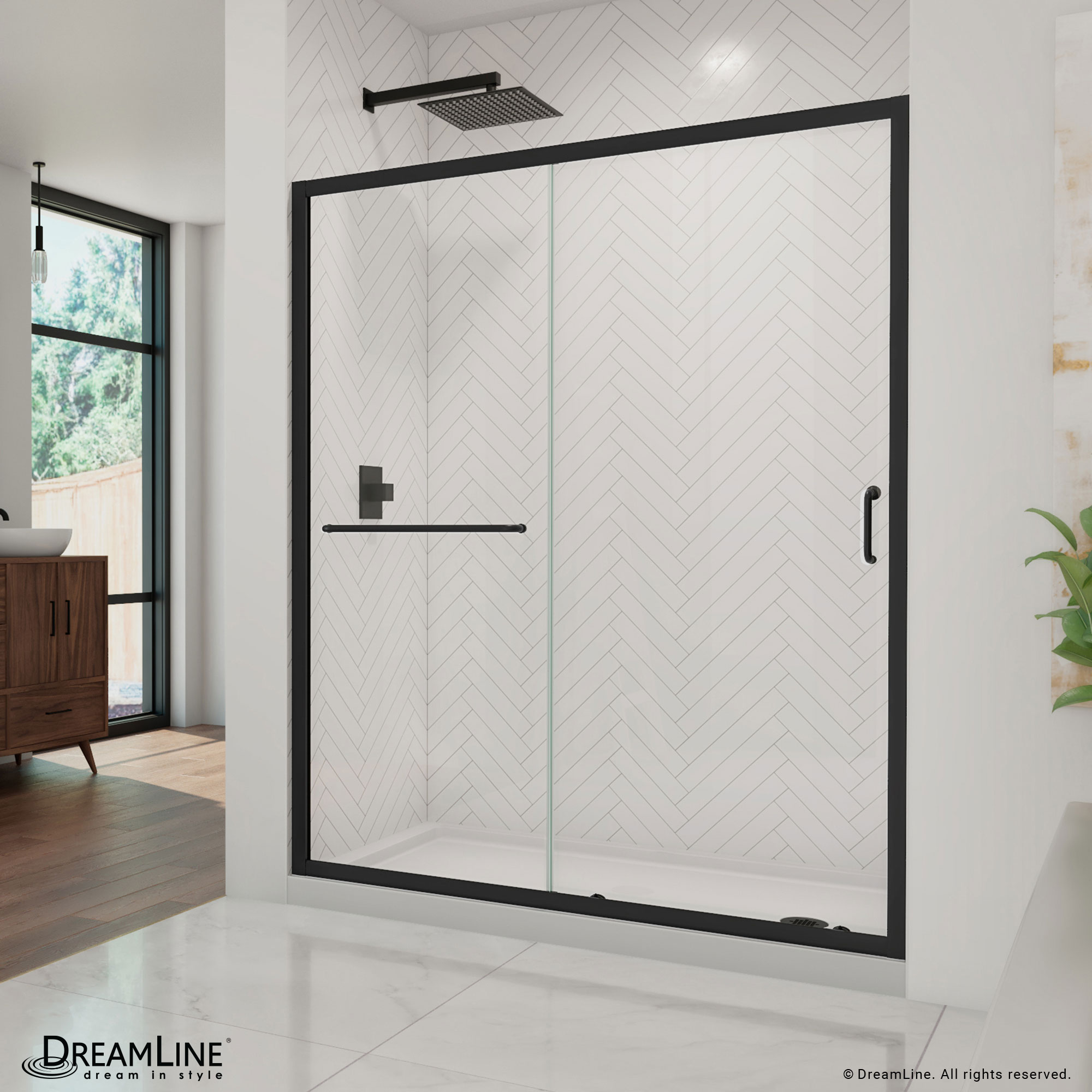 DreamLine DL-6972-CLR-09 Infinity-Z 2 -Piece 60-in W x 34-in L x 75-in H Rectangular Alcove shower kit ( Right Drain) Base and Door Included Black Hardware Included