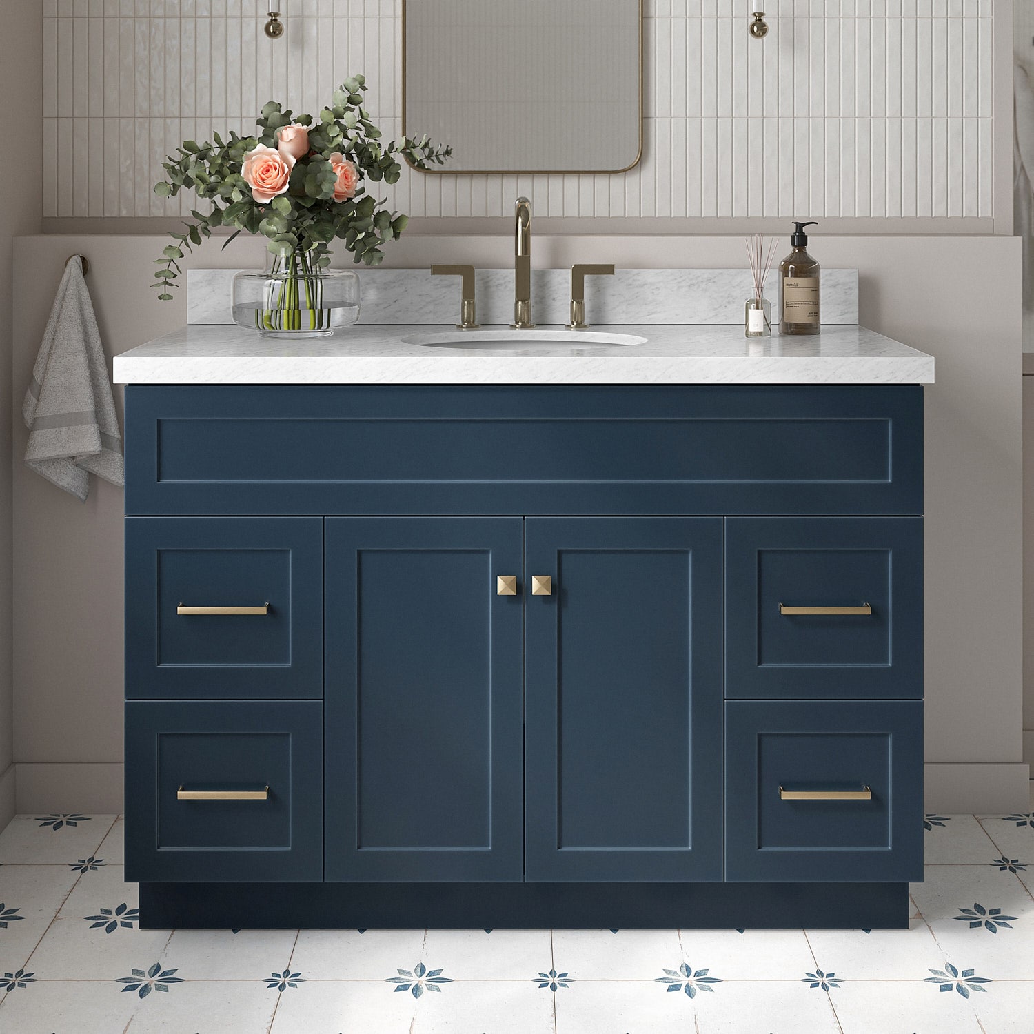ARIEL F049SCWOVOMNB Hamlet 49-in Midnight Blue Undermount Single sink Bathroom Vanity with Carrara White Marble Marble Top