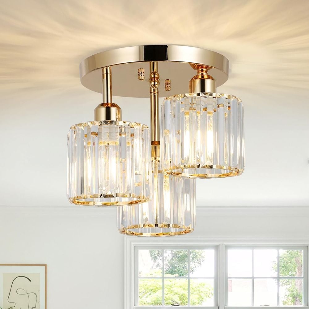 Blisstyle Modern Semi Flush Mount Ceiling Light 3 Light Crystal Close to Ceiling Light Fixtures Golden Kitchen Light Fixtures with Clear Crystal Shade Hallway Light Fixtures for Hallway Bedroom Bathroom Lighting Lighting and Lamps Golden Crystal