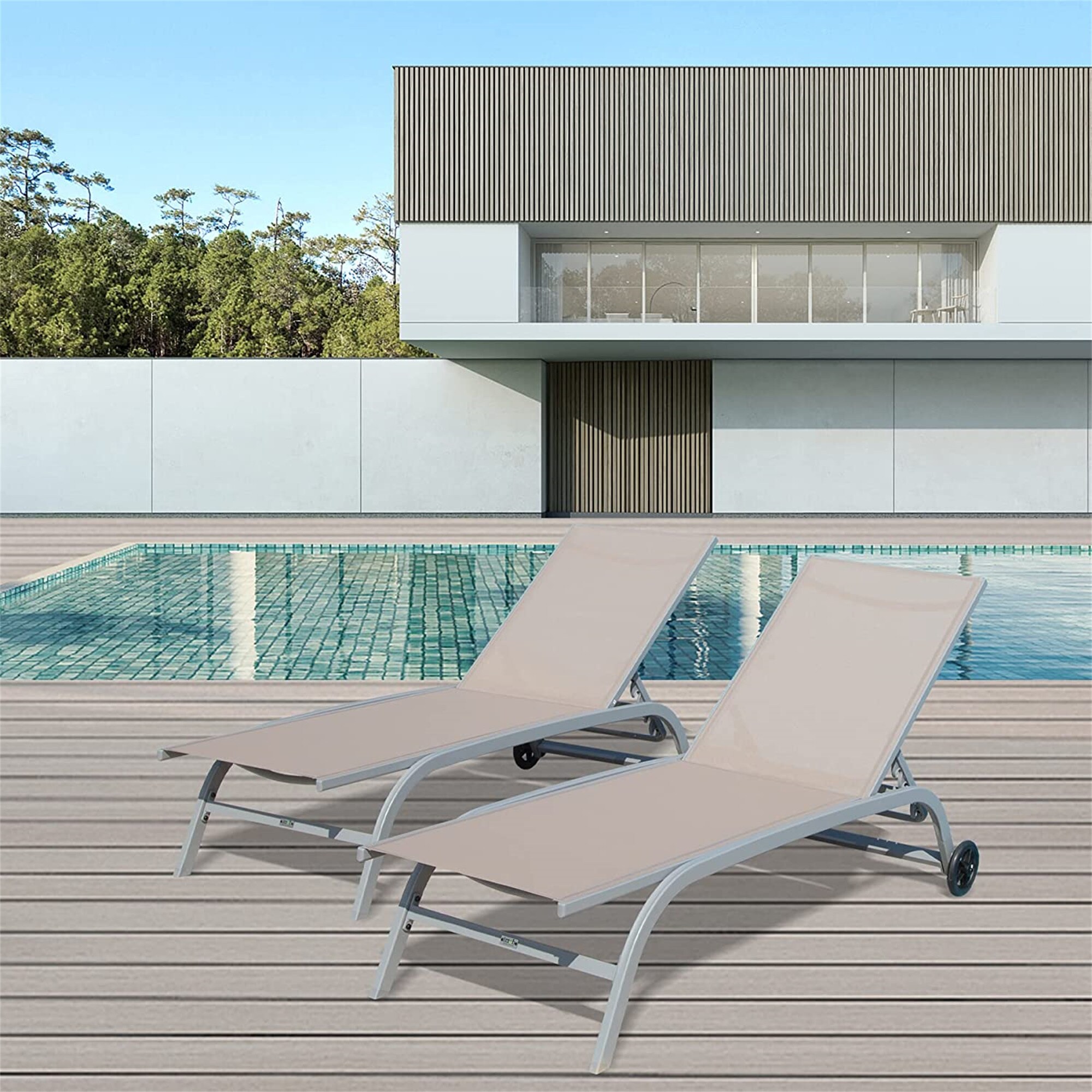 Forclover Outdoor Chaise Lounge Set of 2 Gray Metal Frame Stationary Chaise Lounge Chair with Brown Solid Seat MOMNCPLCH08BN at Lowes