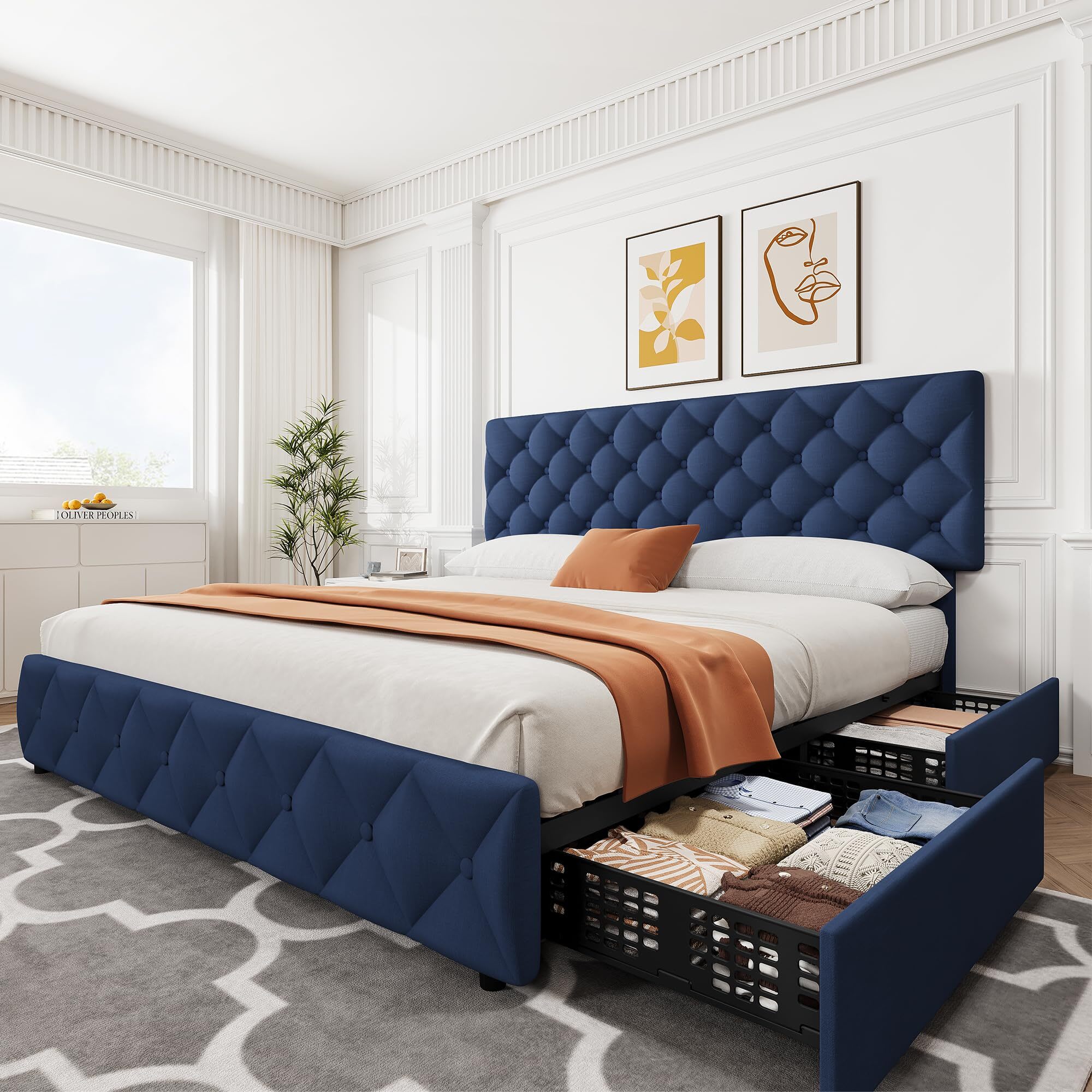 Qeetex VGX-PHO-0ZIENMCI King Blue Bed Frame with 4 Storage Drawers and Headboard Linen Upholstered Platform Bed with Wooden Slats Support Diamond Stitched Button Tufted No Box Spring Needed