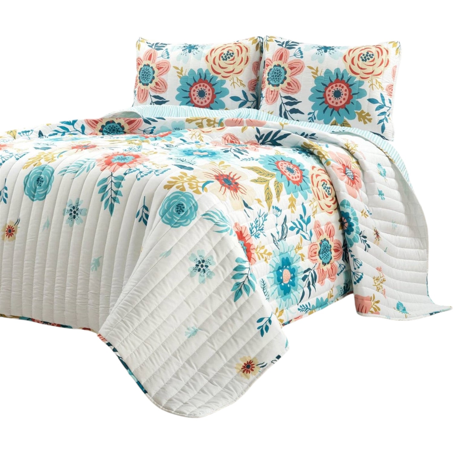 Slickblue 3-Piece Teal Blue Pink White Floral Quilt Set Full/Queen King Bedding Set with Quilt and 2 Shams Reversible Lightweight Polyester Year-Round Use