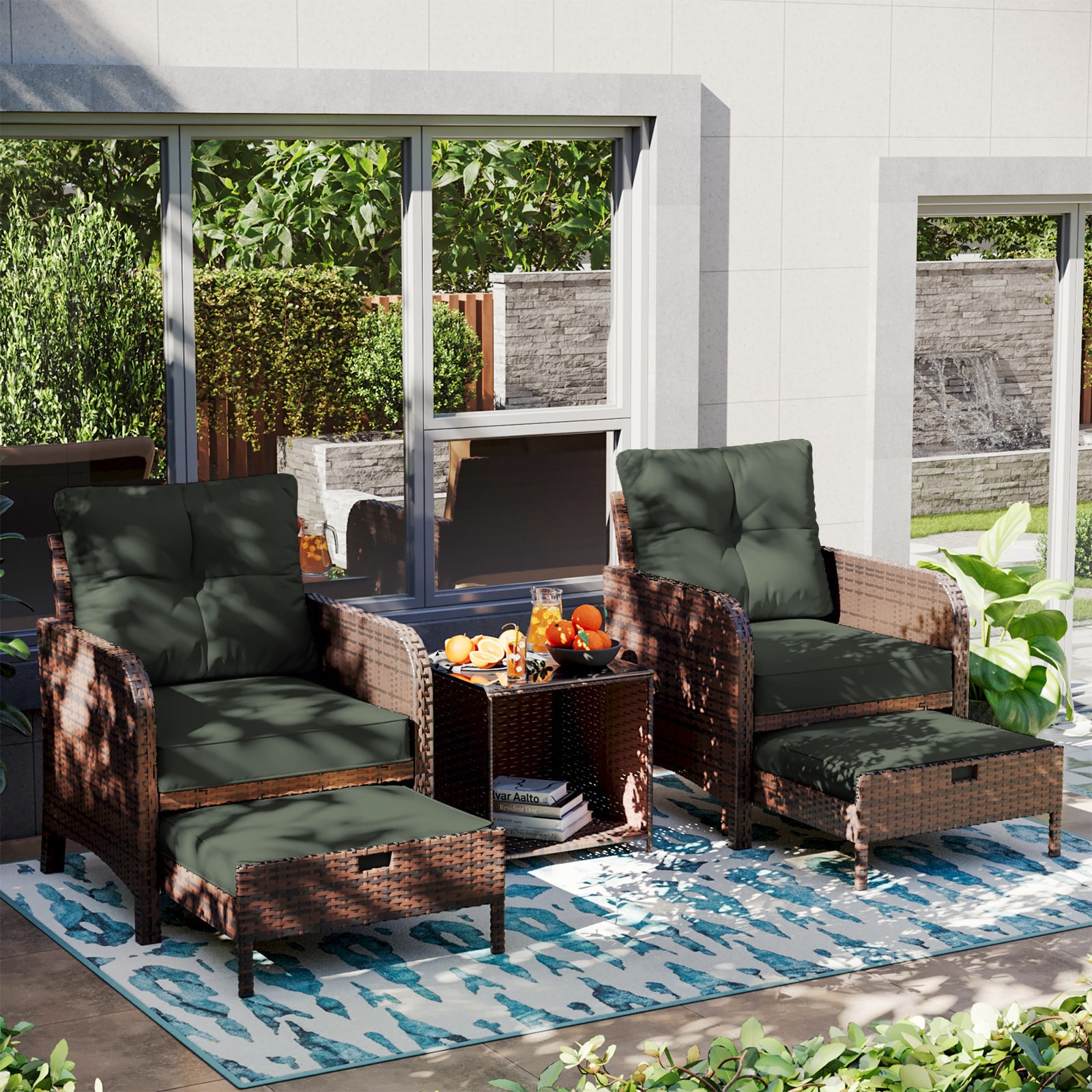Patio Watcher RT-X5-B-GREEN 5 -Piece Rattan Patio Conversation Set with Green Cushions