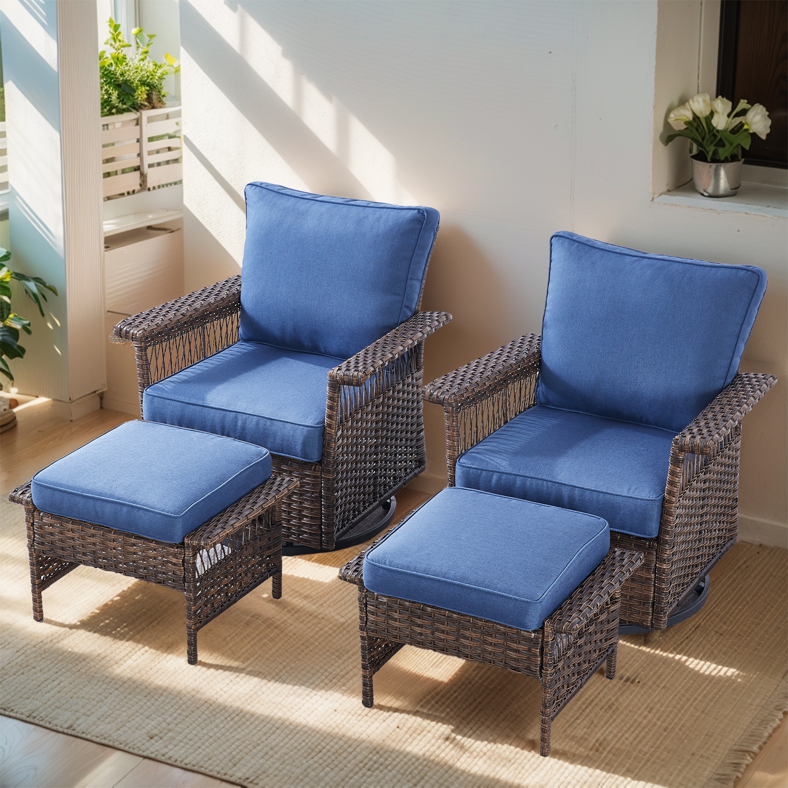 Outdoor Conversation Set 4 -Piece Wicker Patio Conversation Set with Blue Cushions