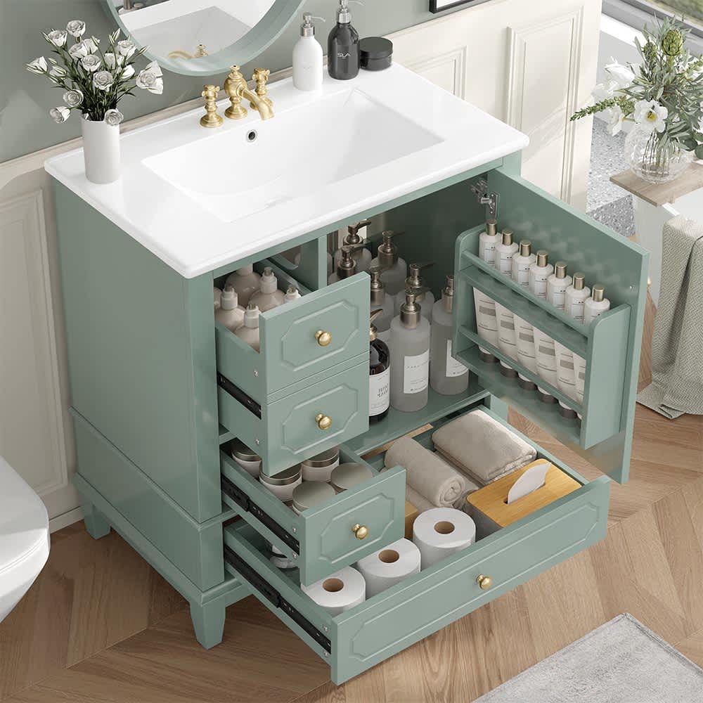 JUJABU ZJBATHVANTIY-2 Light Green 30in Bathroom Vanity with Sink and Ceramic Basin Solid Wood Frame Soft-Close Door MDF and Rubber Wood for Bathroom