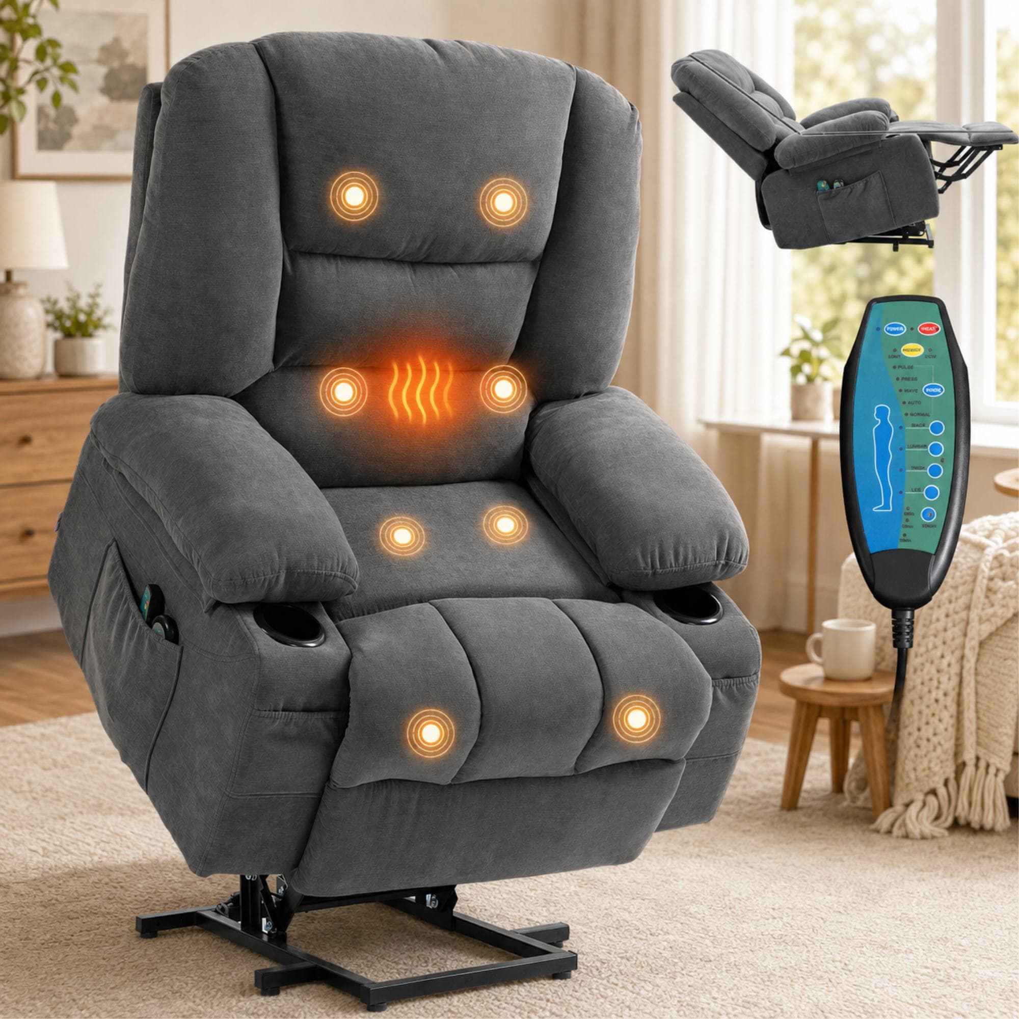 GZMR - Vibration Massage Heating Power Lift Recliner Chair for Elderly Dark Gray Polyester Uphols...