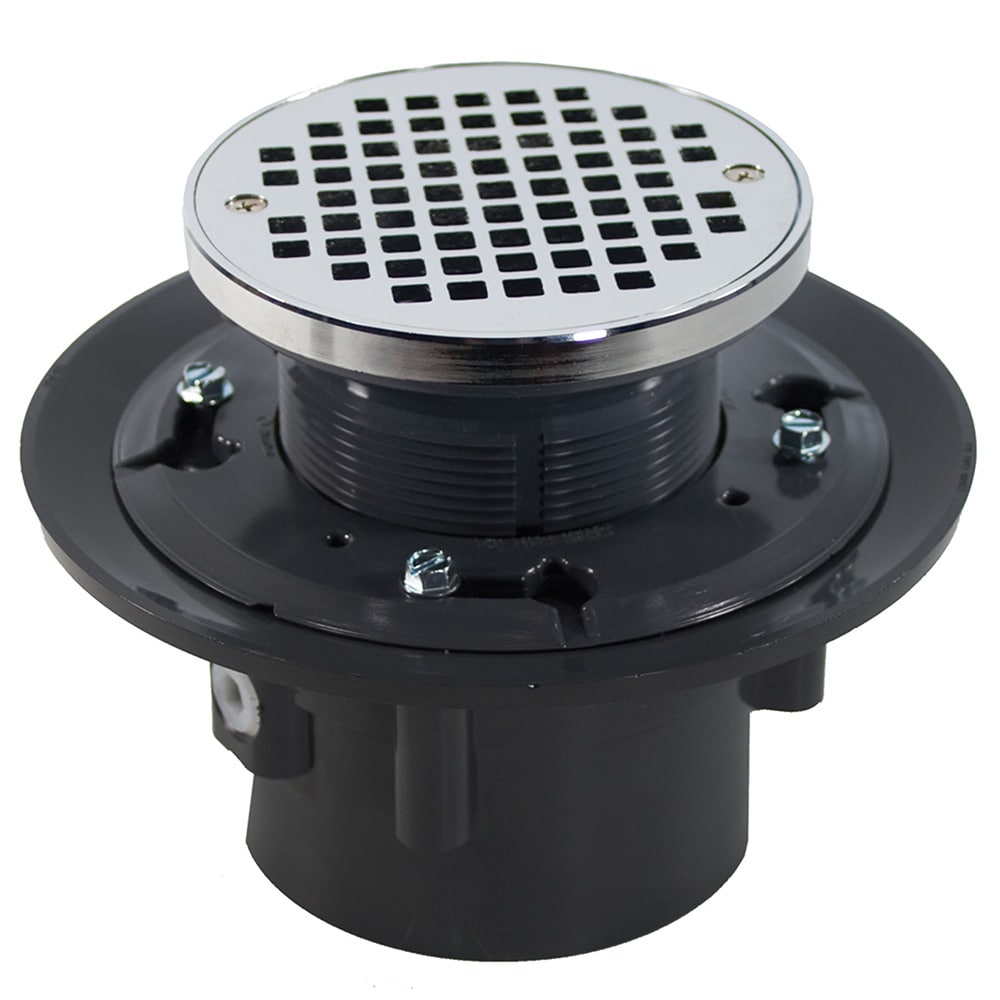 Jones Stephens D49235 4 inch Heavy Duty PVC Floor Drain Base with 3-1/2 inch Plastic Spud, 8-1/2 inch Pan and 5 inch Chrome Plated Round Strainer with Ring